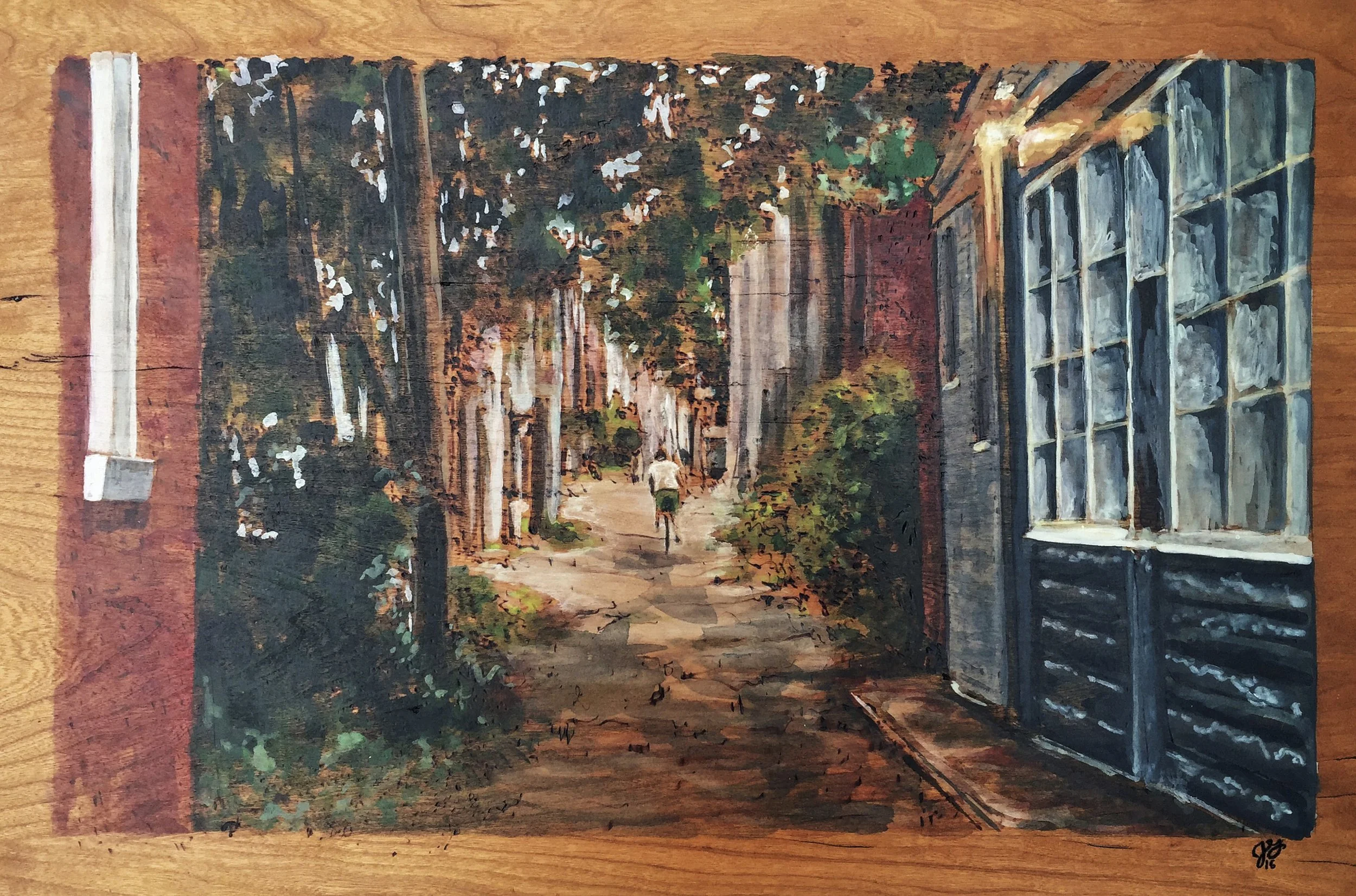Alley. Downtown Lancaster. Woodburning and watercolor. 28" x 21" framed. Handmade walnut frame by Evan H. Germann. Inspired by photography from Michelle Johnsen. 

Original: $1500 I Prints: Available