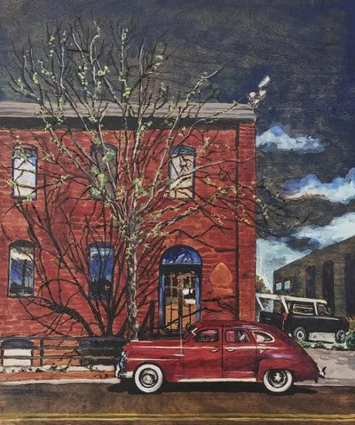 Barrick Candles. Downtown Lancaster. Woodburning and watercolor. 17.5" x 19" framed. Handmade walnut frame by Evan H. Germann.

Original: Sold I Prints: Not Available