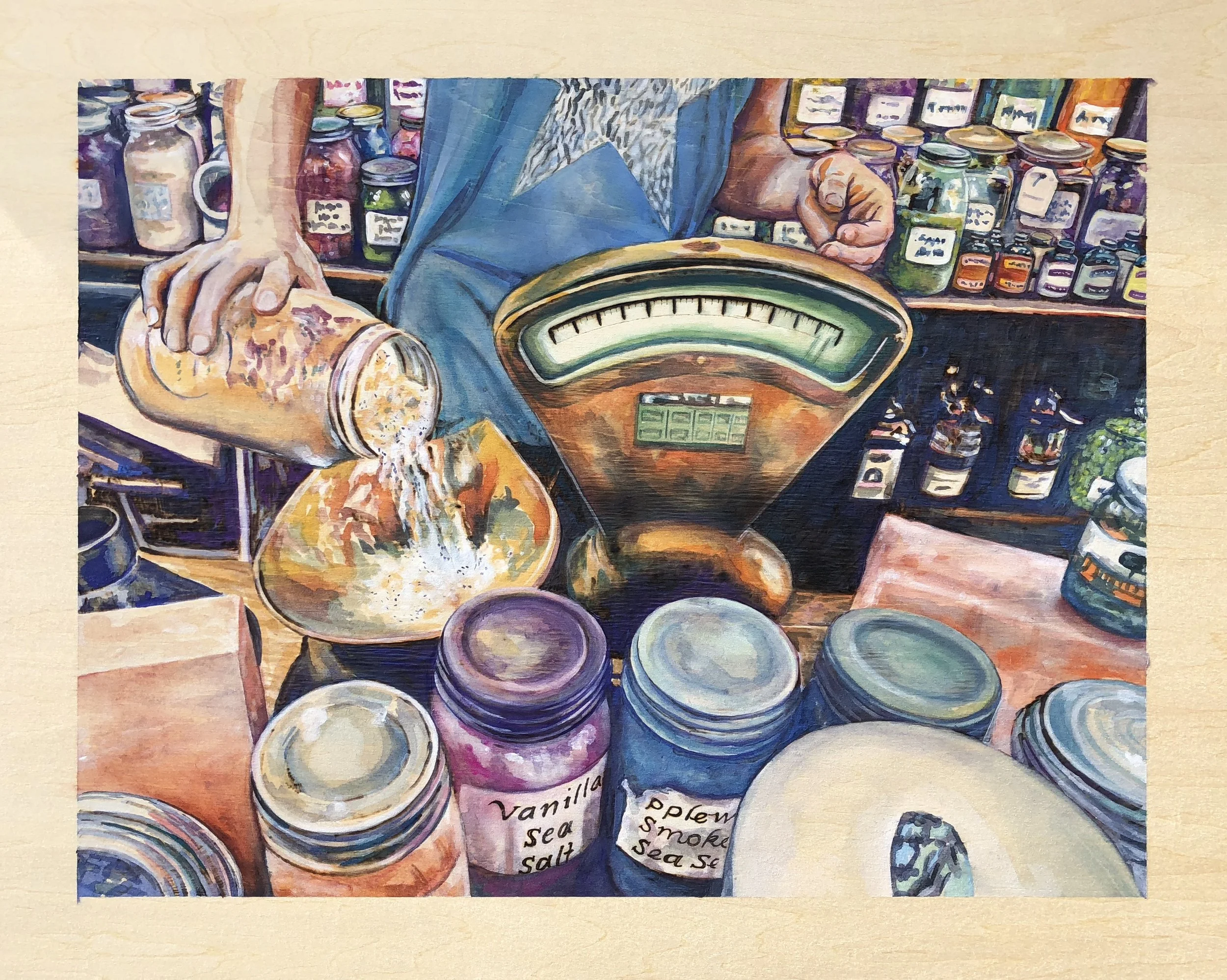 The Herb Shop. Central Market. Woodburning and gouache. 24" x 20" framed. Handmade walnut frame by Evan H. Germann. 

Original: $1600 I Prints: Available