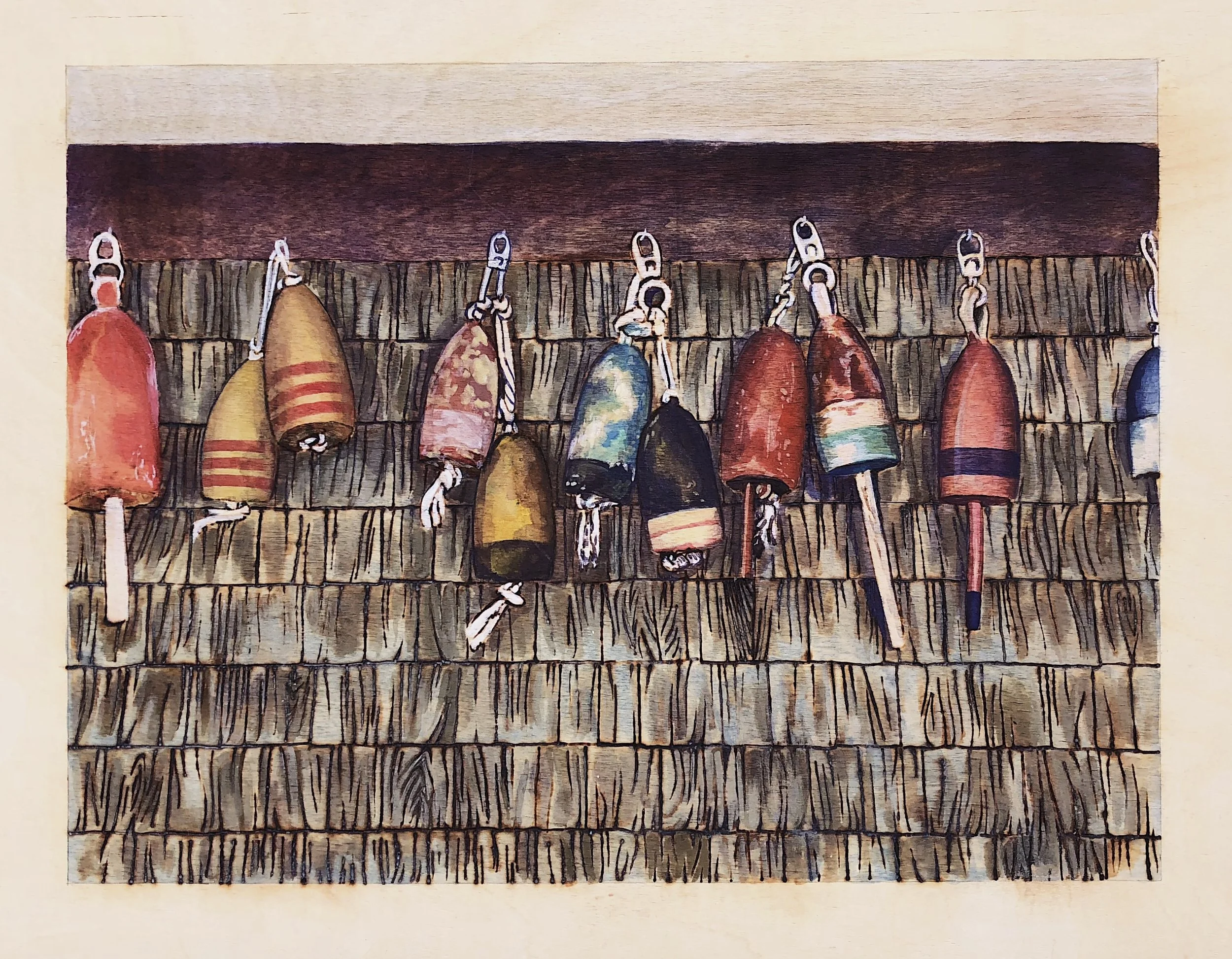 Boothbay Harbor Buoys. Woodburning and watercolor. 18" x 15" framed. Handmade walnut frame by Evan H. Germann.

Original: $1100 I Prints: Available