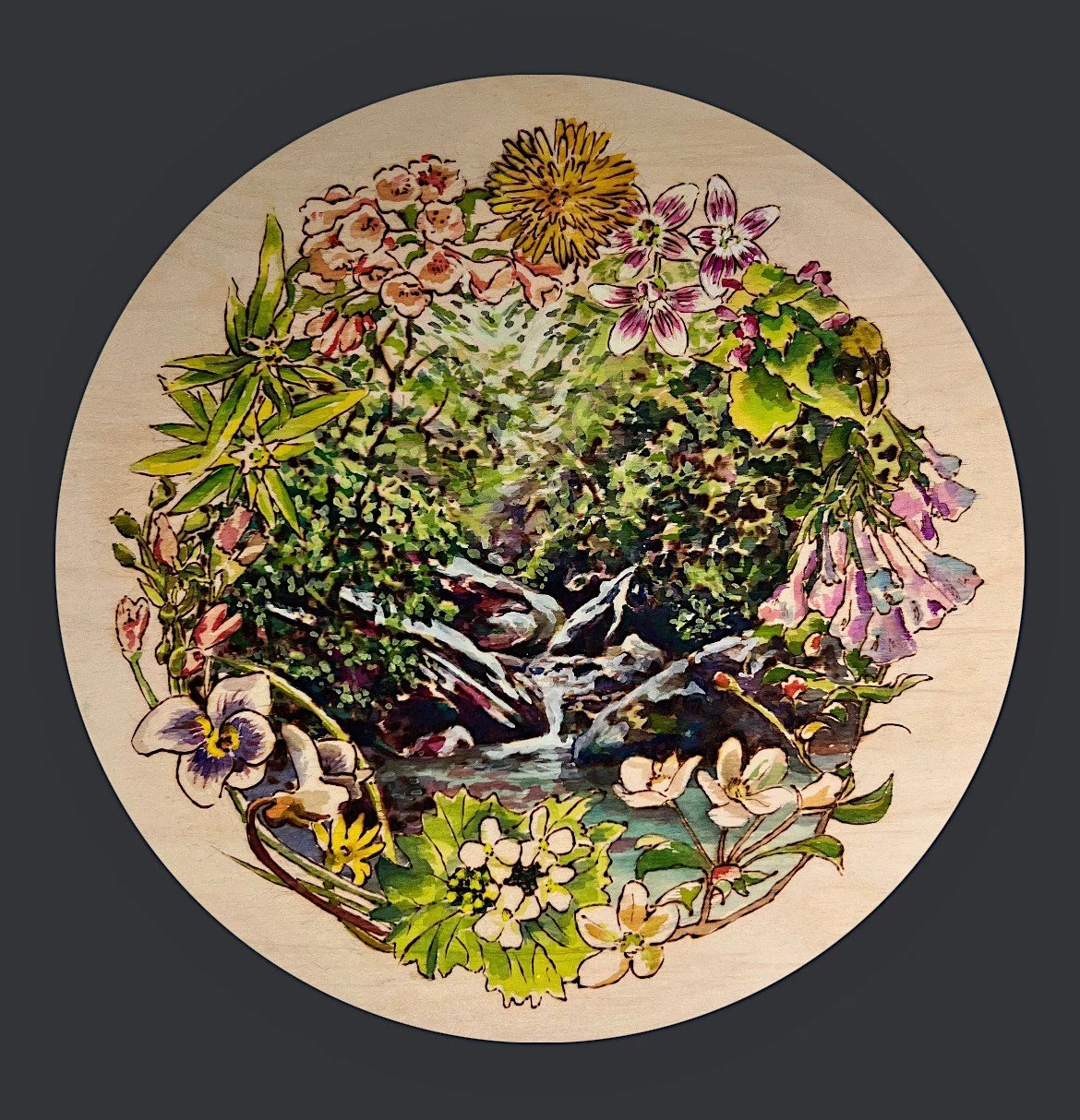 Windolph Landing Nature Preserve. Woodburning and gouache. 16.5” diameter framed. Handmade walnut frame by Evan H. Germann. Inspired by photography of Michelle Johnsen. 

Original: Sold I Prints: Available