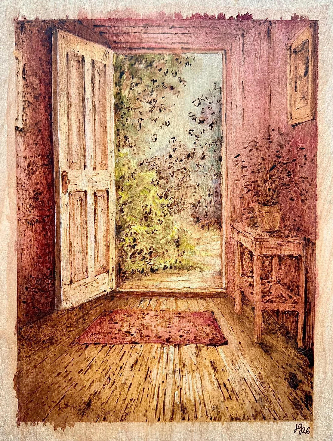 Threshold.
18”x15” 
Woodburning and gouache. 
Handmade walnut frame by Evan H. Germann. 

Original: $1200 I Prints: available