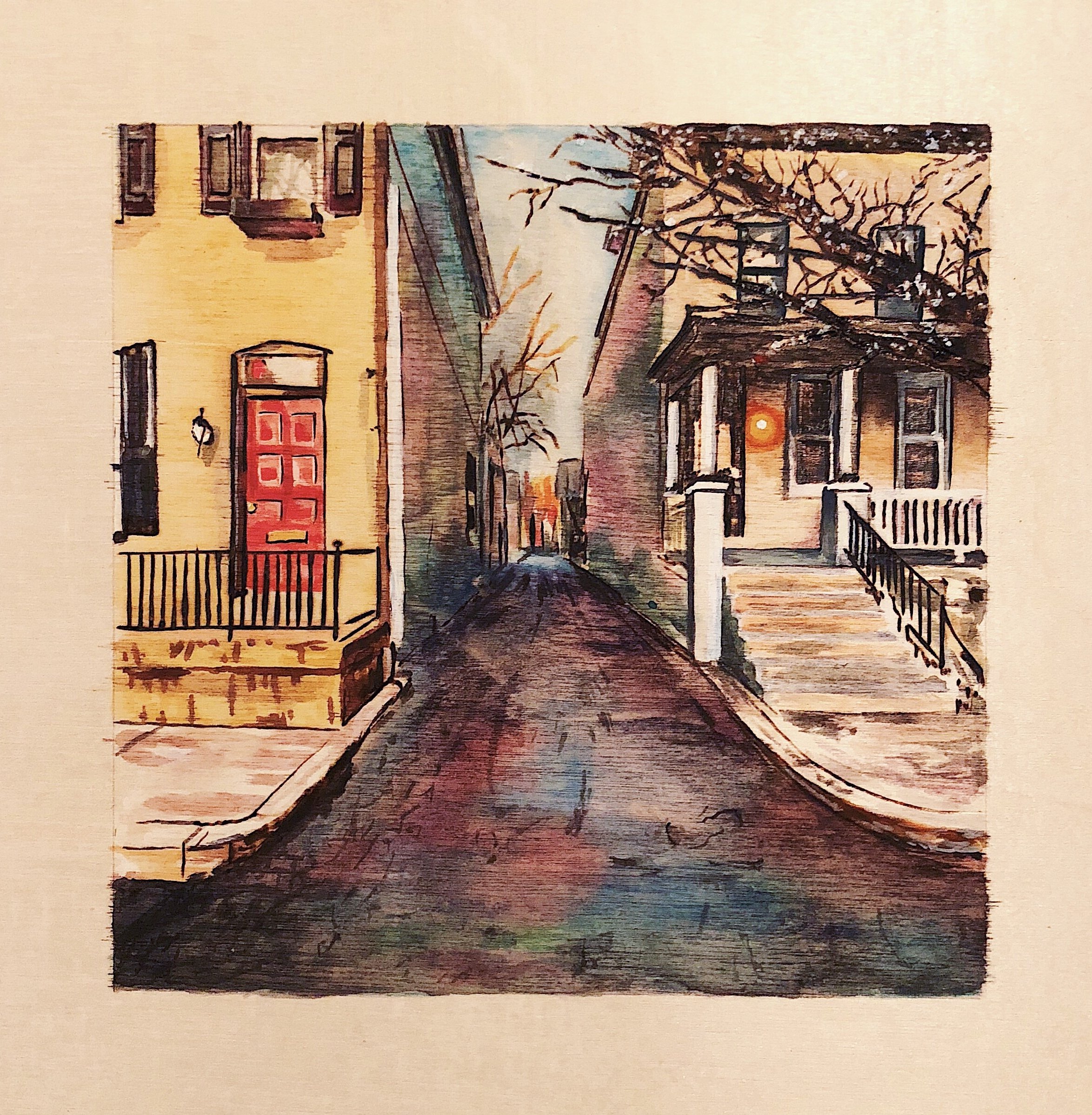 Downtown Lancaster. Woodburning and gouache. 12" x 12" framed. Handmade walnut frame by Evan H. Germann. 

Original: Sold I Prints: Available