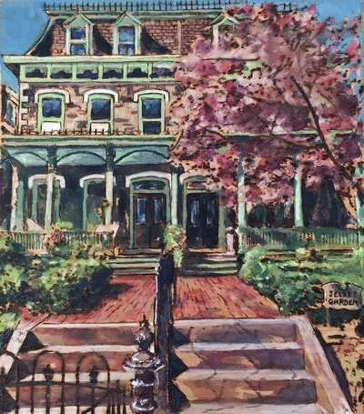 The Secret Garden. Downtown Lancaster. Woodburning and watercolor. 17" x 18.5" framed. Handmade walnut frame by Evan H. Germann.

Original: Sold I Prints: Not Available