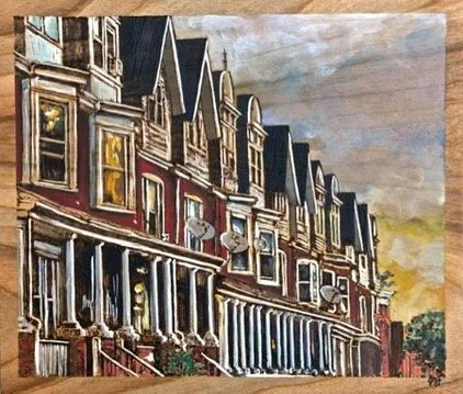 Pine Street. Woodburning and watercolor. 14.5" x 13" framed. Handmade walnut frame by Evan H. Germann. Inspired by photography from Michelle Johnsen. 

Original: Sold I Prints: Not Available