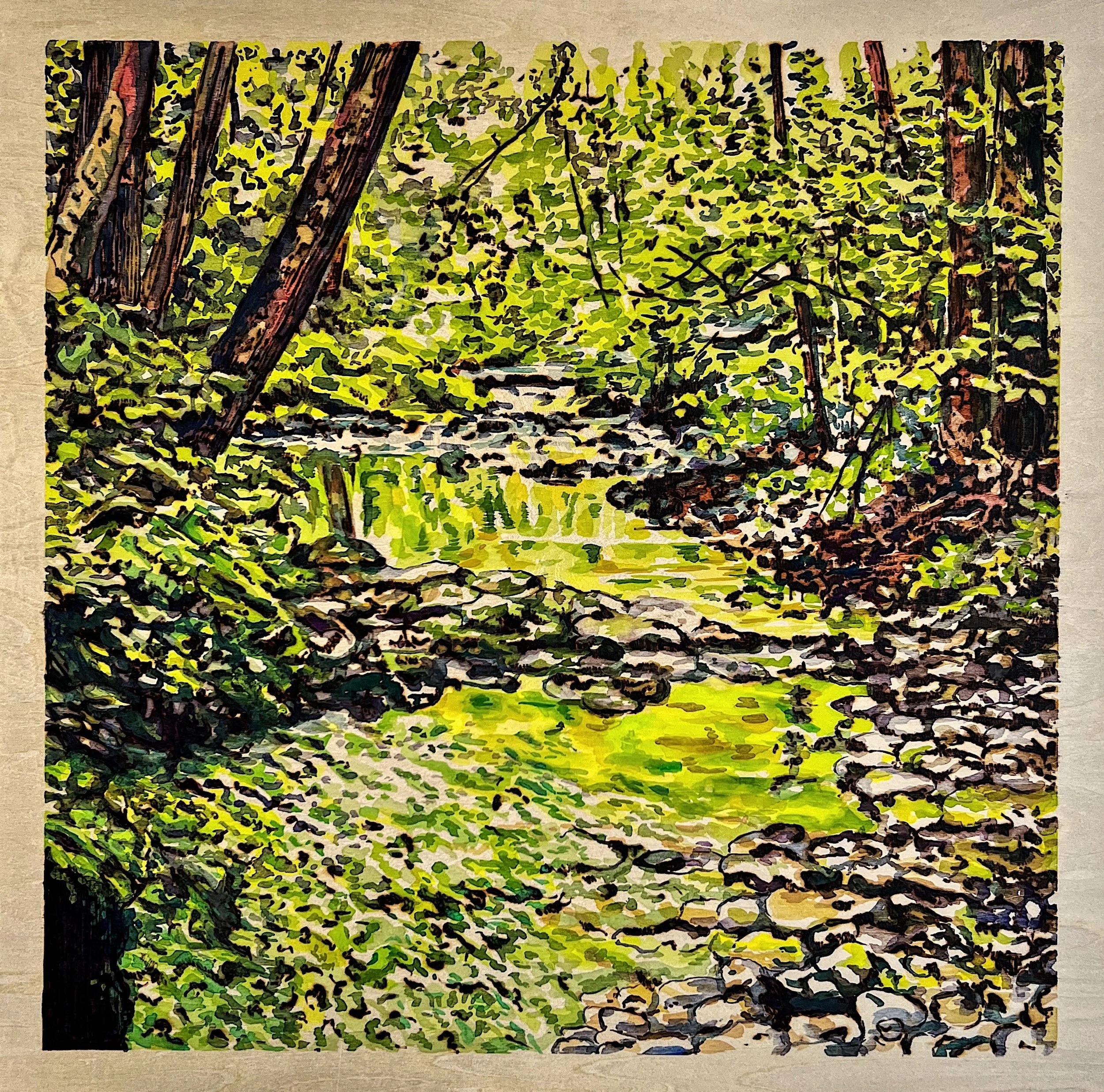 Trout Run. Woodburning and gouache. 24.75 x 24.75” framed. Handmade walnut frame by Evan H. Germann. Inspired by photography of Michelle Johnsen. 

Original: Sold I Prints: available
