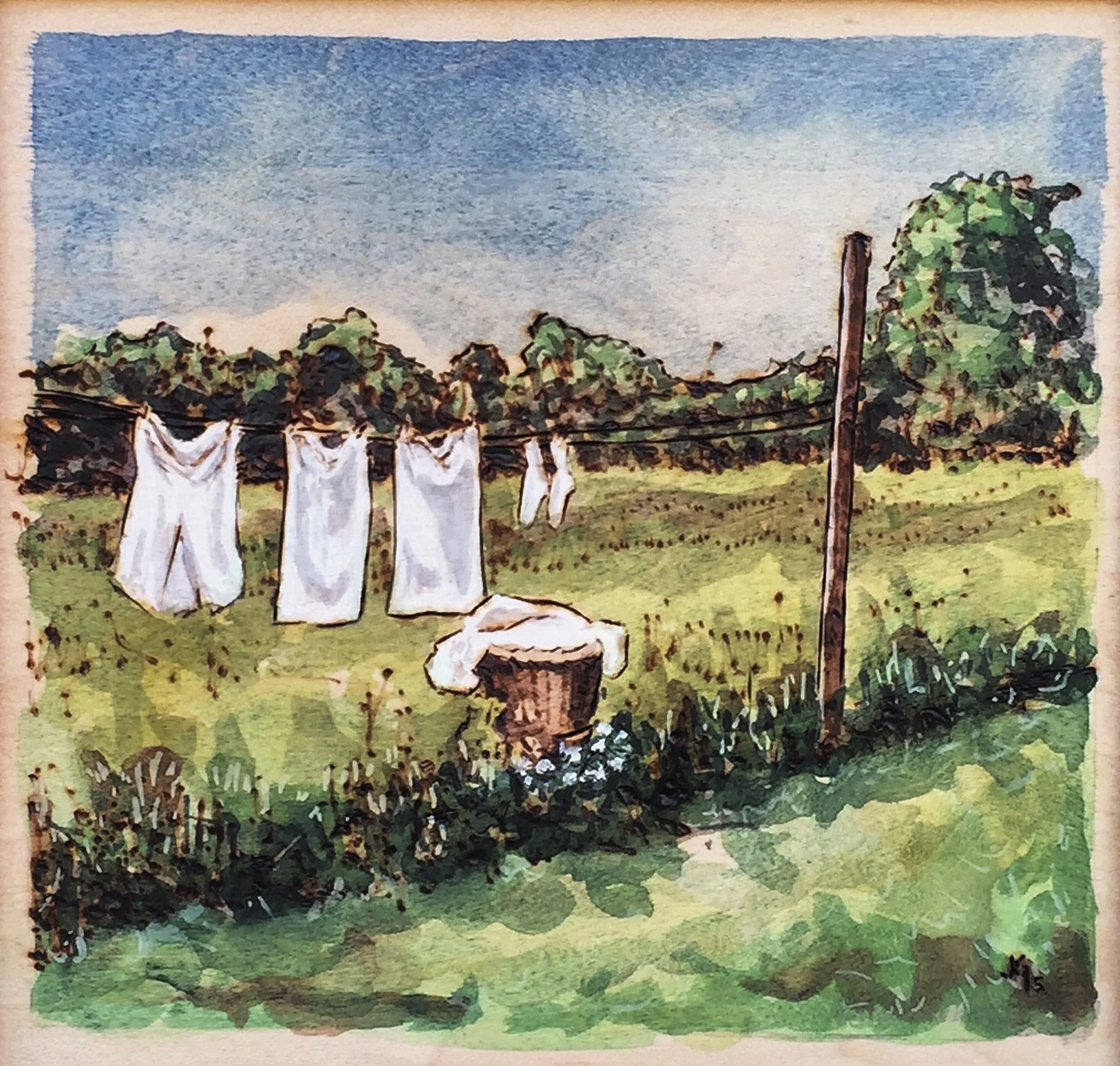 Whites. Watercolor and woodburning of Lancaster County. Handmade walnut frame by Evan H. Germann. 10" x 9.75" 

Original: Sold I Prints: Available