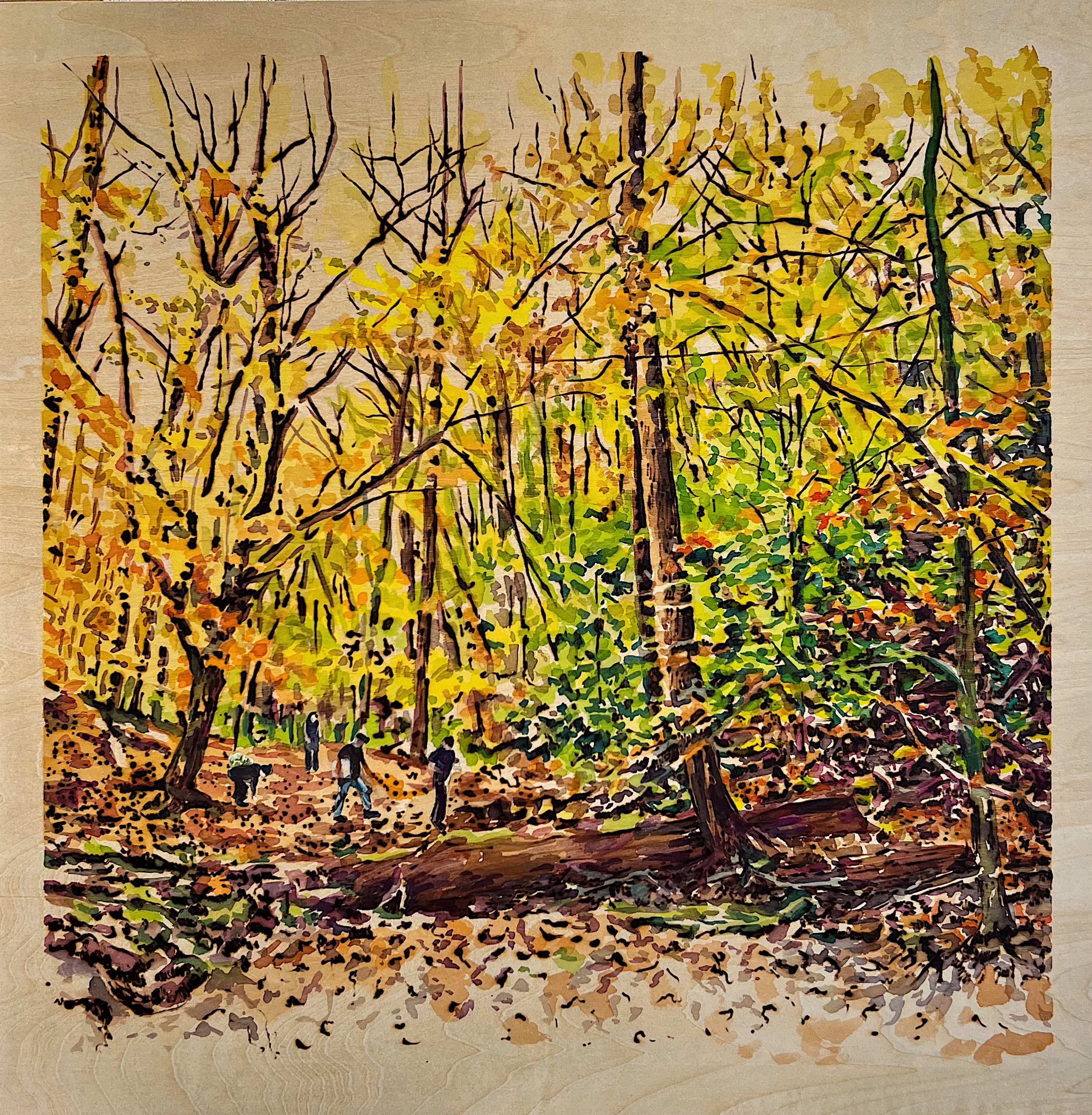 Trout Run. Woodburning and gouache. 24.75 x 24.75” framed. Handmade walnut frame by Evan H. Germann. Inspired by photography of Michelle Johnsen. 

Original: $1800 I Prints: available