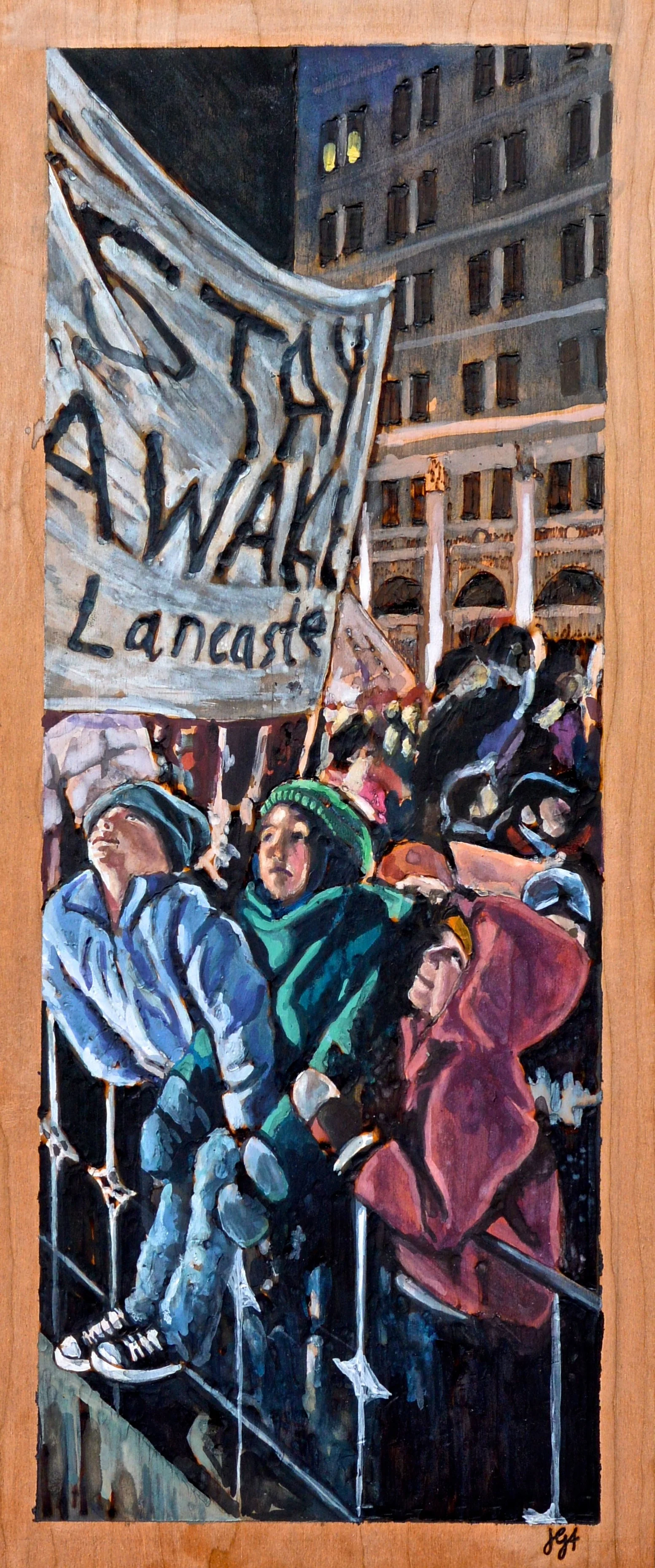 Stay Awake. Downtown Lancaster. Woodburning and watercolor. 10" x 18.5" framed. Handmade walnut frame by Evan H. Germann. Inspired by photography from Joyous Snyder. 

Original: Sold I Prints: Available