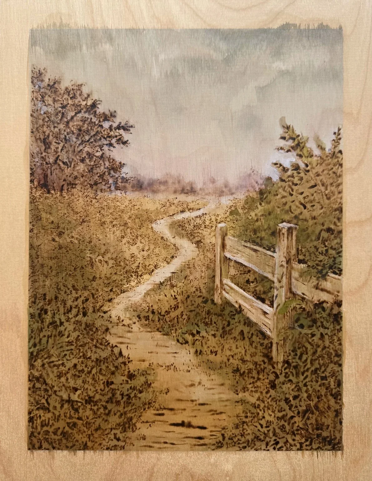 A Narrow Permission.
18”x15” 
Woodburning and gouache. 
Handmade walnut frame by Evan H. Germann.

Original: $1200 I Prints: available