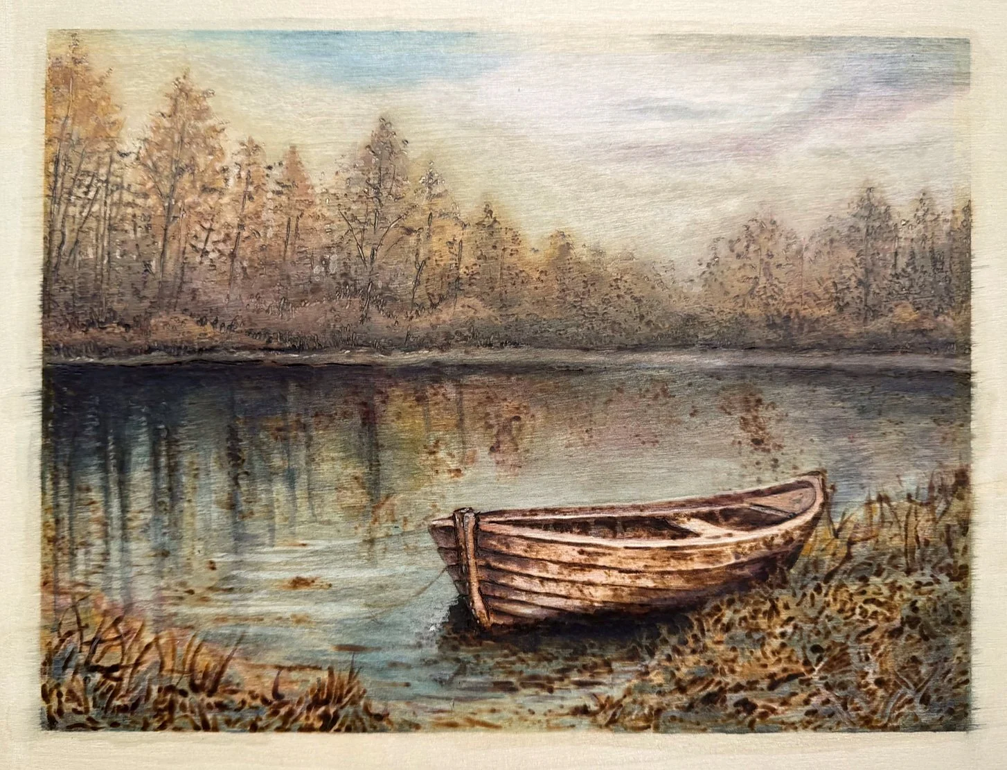 On Leaving, On Staying.
18”x15” 
Woodburning and gouache.
Handmade walnut frame by Evan H. Germann.

Original: $1200 I Prints: available