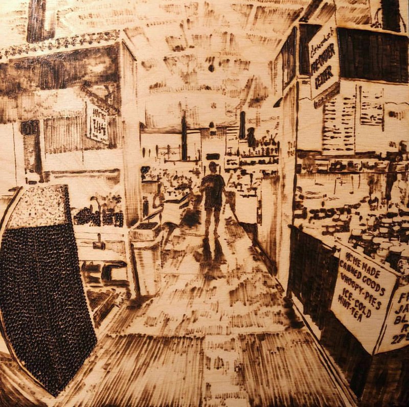 Home-made Canned Goods. Woodburning.. 16" x 16" framed. Handmade walnut frame by Evan H. Germann.

Original: $600 I Prints: Available