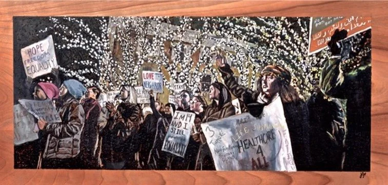 Penn Square. Downtown Lancaster. Woodburning and watercolor. 34" x 19.5" framed. Handmade walnut frame by Evan H. Germann. Inspired by photography from Joyous Snyder. 

Original: Sold I Prints: Available