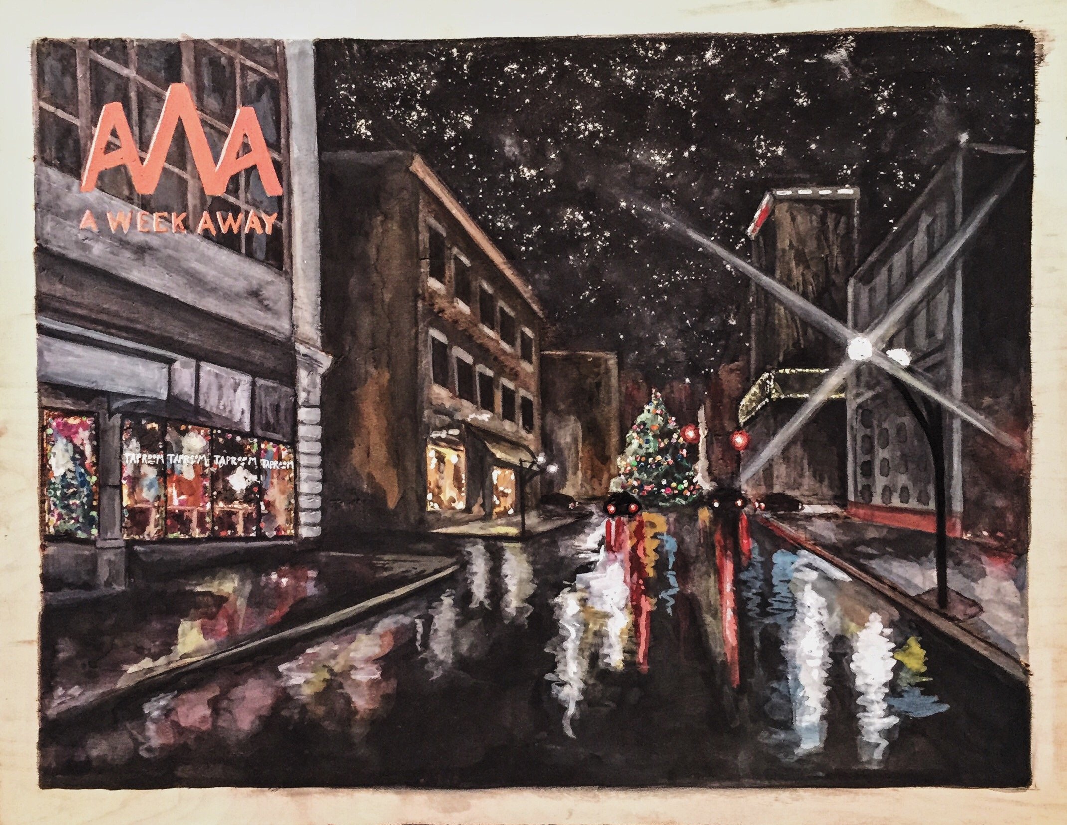 King Street. Woodburning and gouache. 24" x 20" framed. Handmade walnut frame by Evan H. Germann. Original: Sold I Prints: 
Not Available