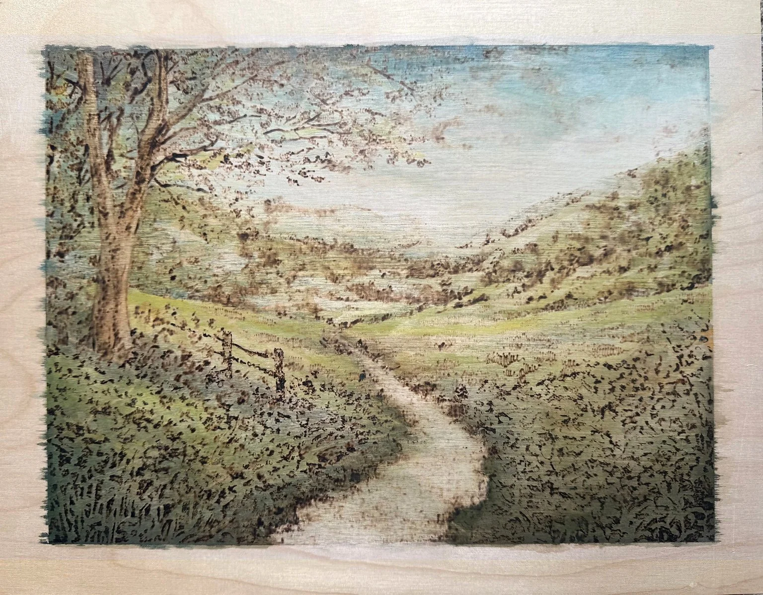 Distance, Clarified.
18”x15” 
Woodburning and gouache. 
Handmade walnut frame by Evan H. Germann. 

Original: $1200 I Prints: available