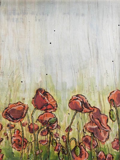 Poppies. 
Woodburning and mixed media. 18"x 23". Handmade frame by Evan H. Germann. 

Original: Sold I Prints: Available