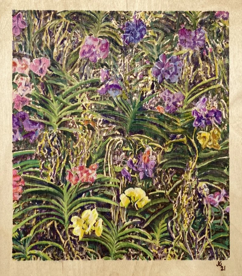 Longwood Gardens. Woodburning and gouache. 17.75" x 19.75" framed. Handmade walnut frame by Evan H. Germann. Original: $1350 I Prints: Available