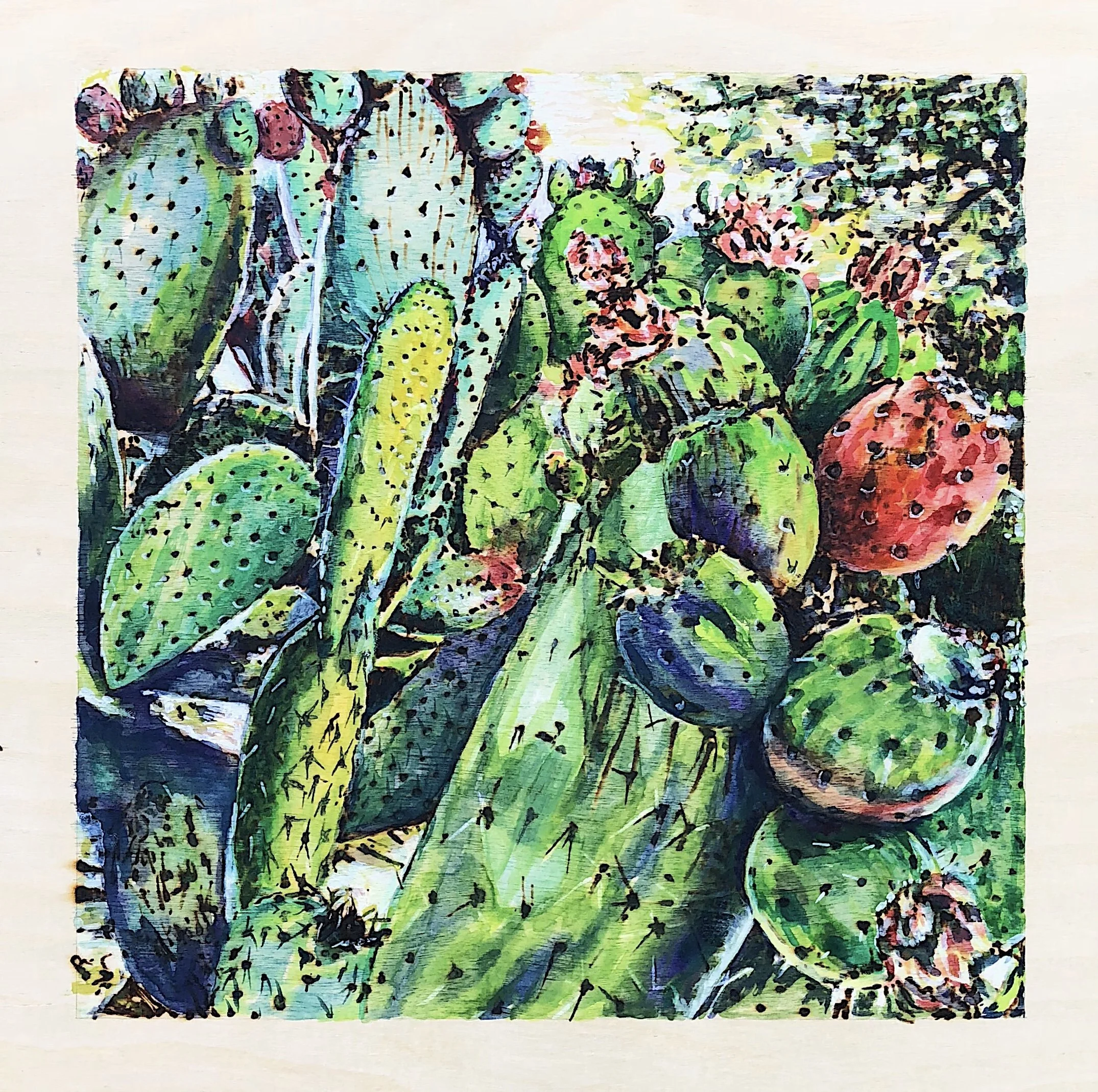 California Cacti. Woodburning and gouache. 16" x 16" framed. Handmade walnut frame by Evan H. Germann. 

Original: $800 I Prints: Available