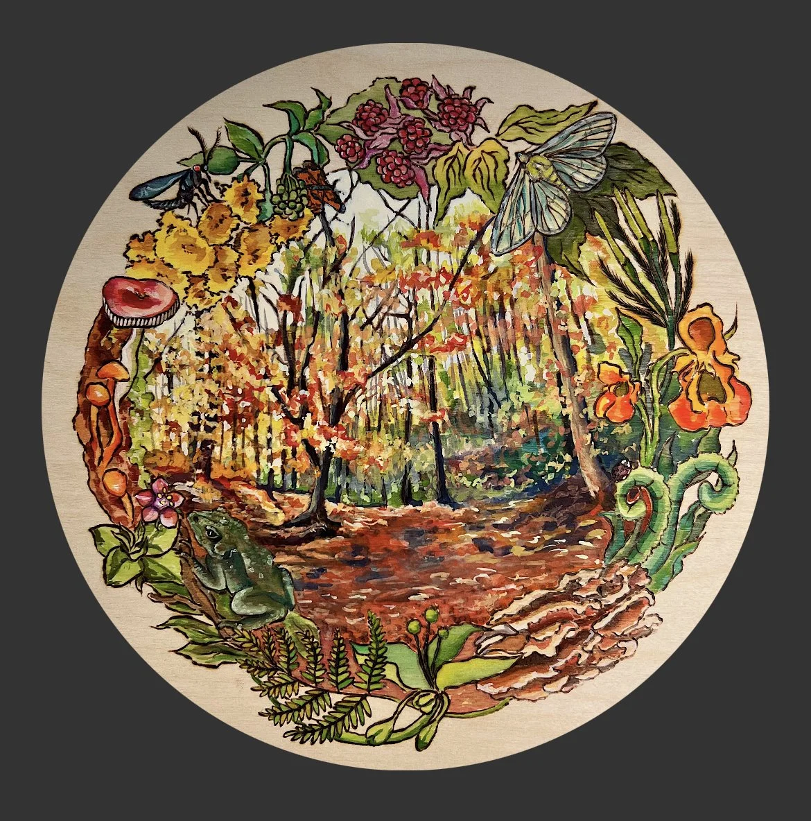 Trout Run Nature Preserve. Woodburning and gouache. 16. 5” diameter framed. Handmade walnut frame by Evan H. Germann. Inspired by photography of Michelle Johnsen. 

Original: Sold I Prints: Available