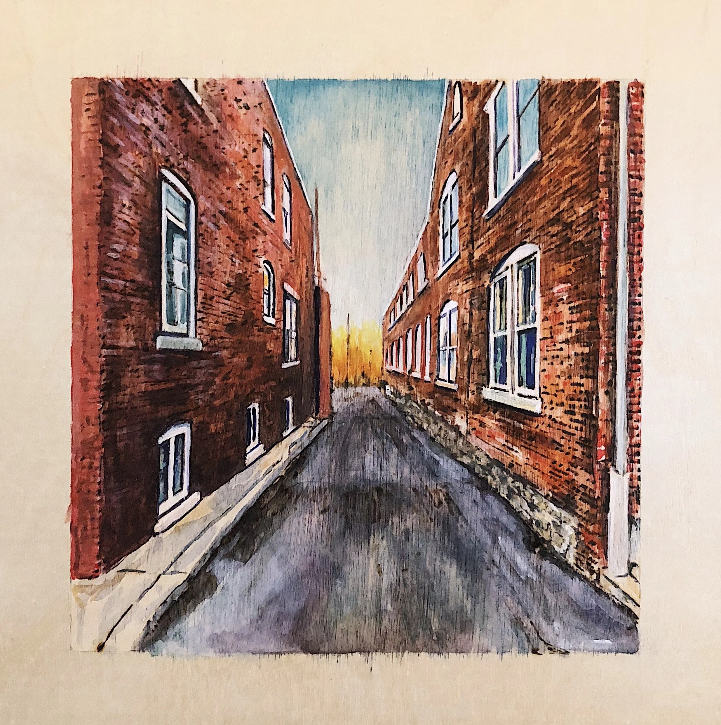 Lancaster Alley. Woodburning and gouache. 12" x 12" framed. Handmade walnut frame by Evan H. Germann. 

Original: Sold I Prints: Available