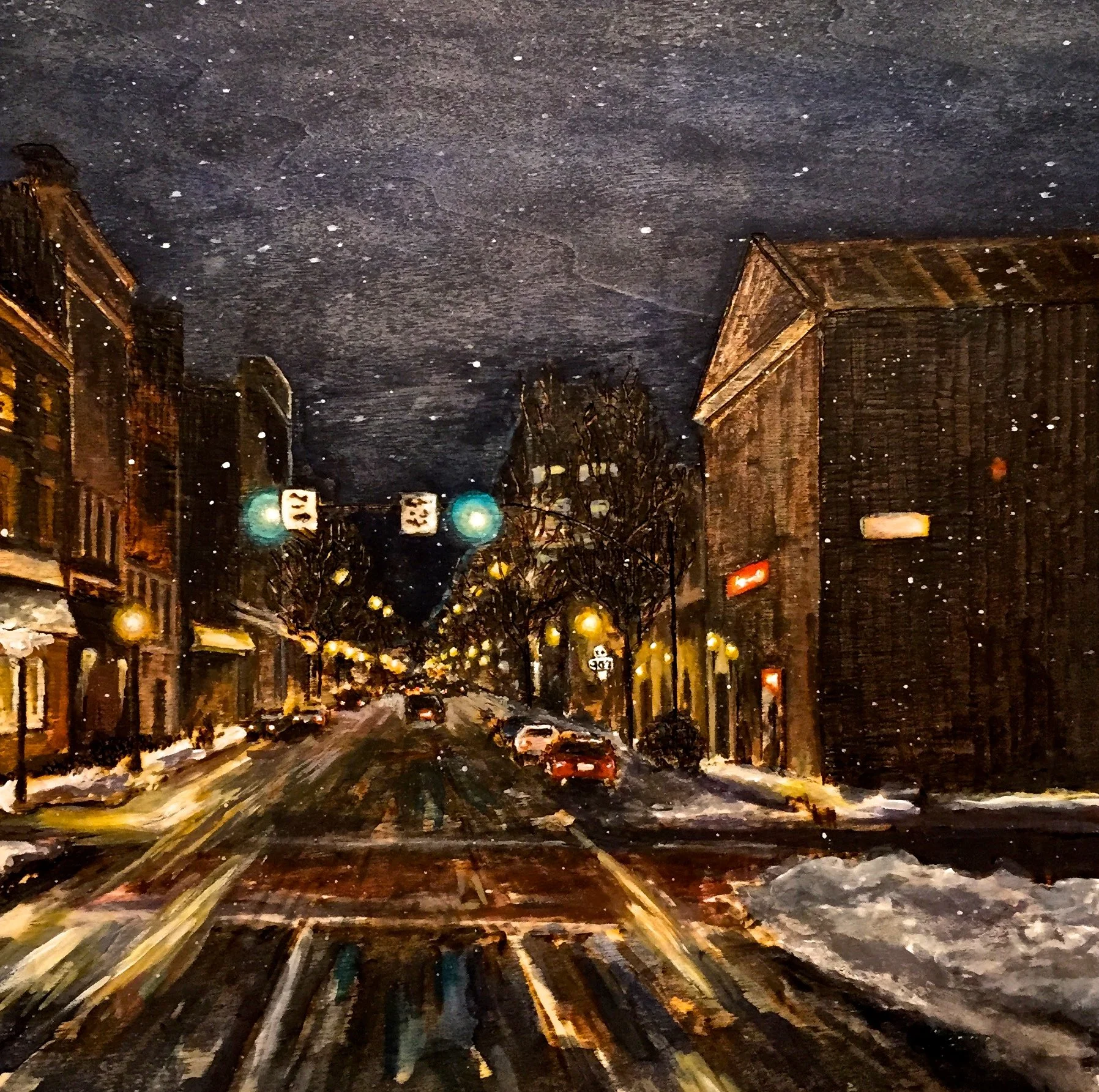 Queen and Vine. Watercolor and woodburning of Downtown Lancaster. Handmade walnut frame by Evan H. Germann. 10" x 10" Watercolor. 

Original: Sold I Prints: Not Available