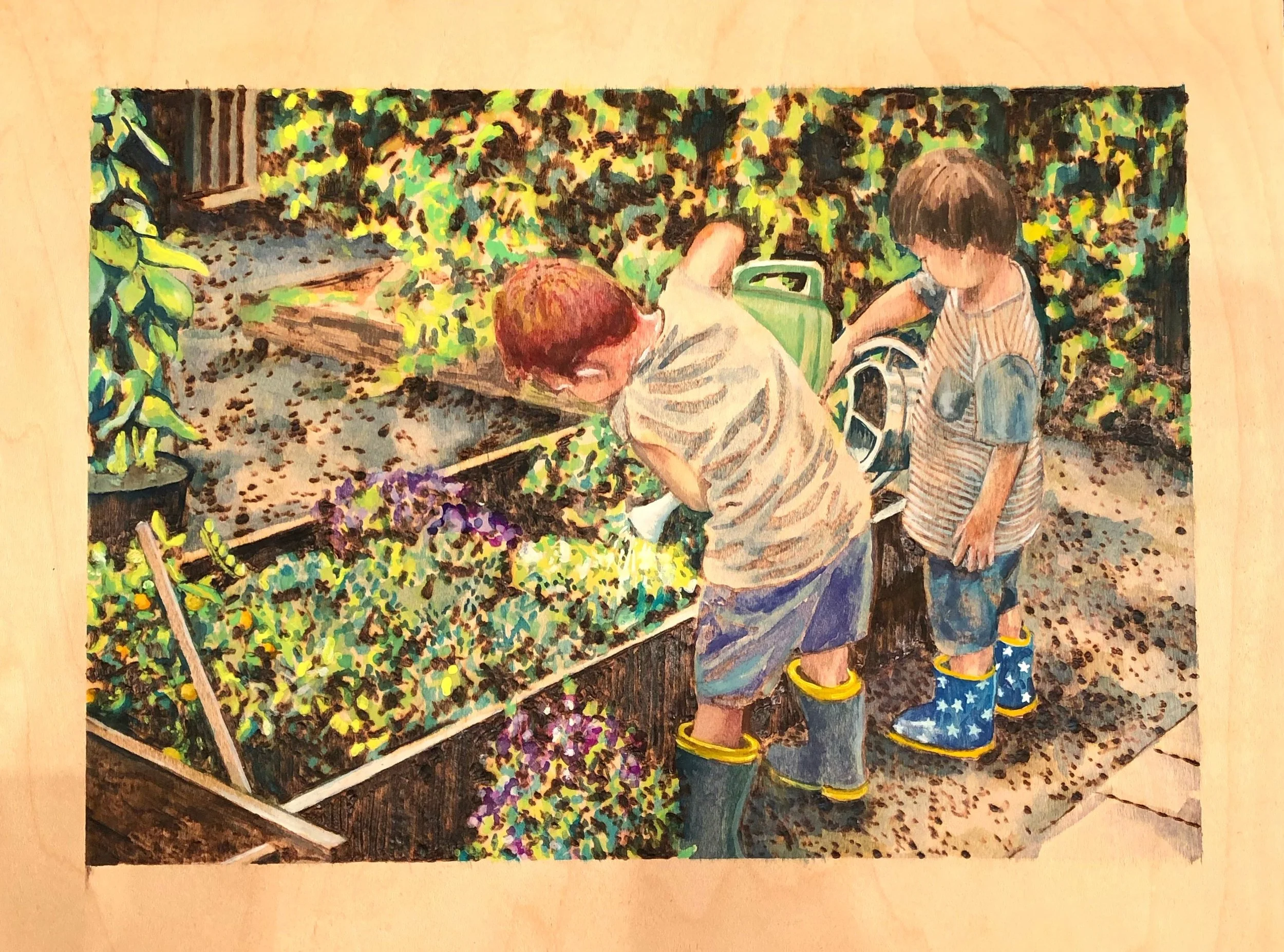 Growth. Woodburning and gouache. 18”x15” 
Handmade walnut frame by Evan H. Germann.

Original: Sold I Prints: Available