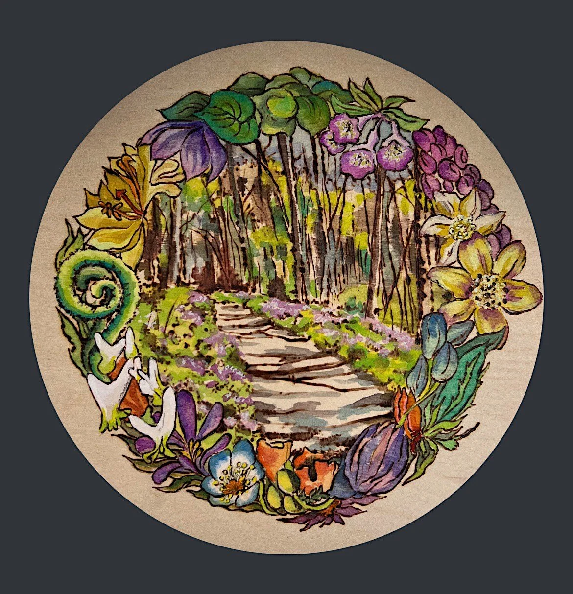Shenks Ferry Wildflower Preserve. Woodburning and gouache. 16.5” diameter framed. Handmade walnut frame by Evan H. Germann. Inspired by photography of Michelle Johnsen. 

Original: Sold I Prints: Available