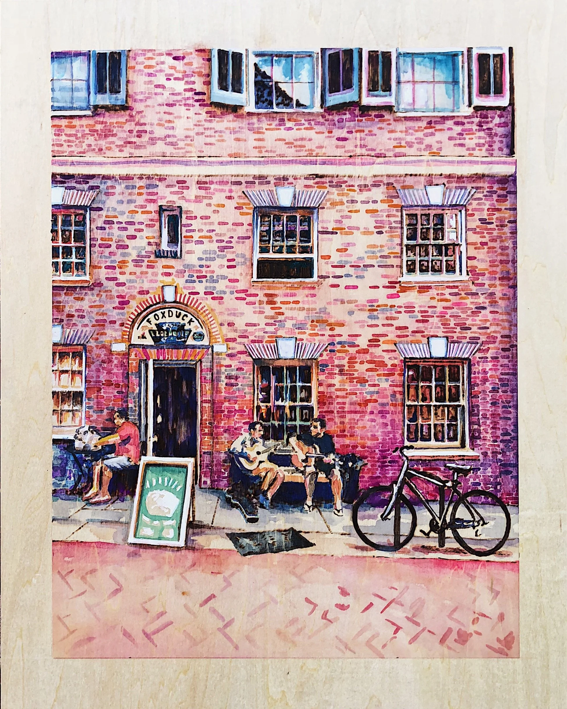 Fox Duck. William Henry Place. Woodburning and gouache. 20" x 24" framed. Handmade walnut frame by Evan H. Germann. Original: Private Collection I Prints: Available