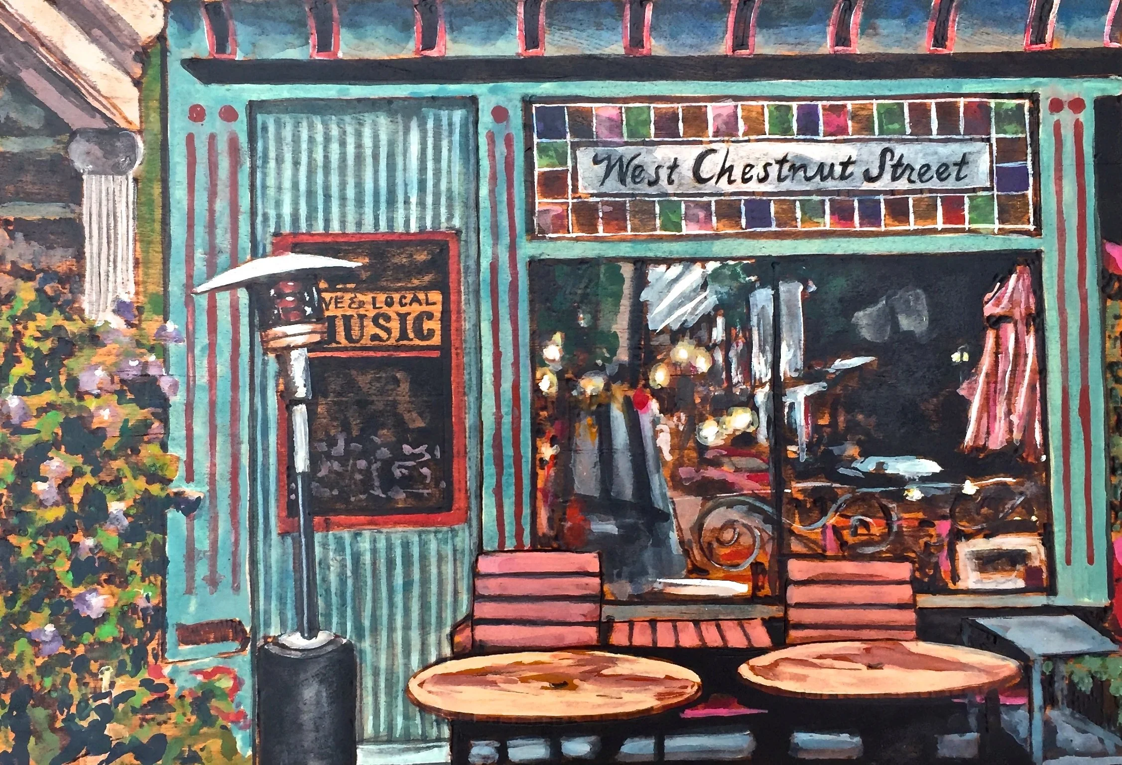 West Chestnut St. Downtown Lancaster. Woodburning and watercolor. 19.5" x 15.5" framed. Handmade walnut frame by Evan H. Germann. Inspired by photography from Michelle Johnsen. 

Original: Sold I Prints: Not Available