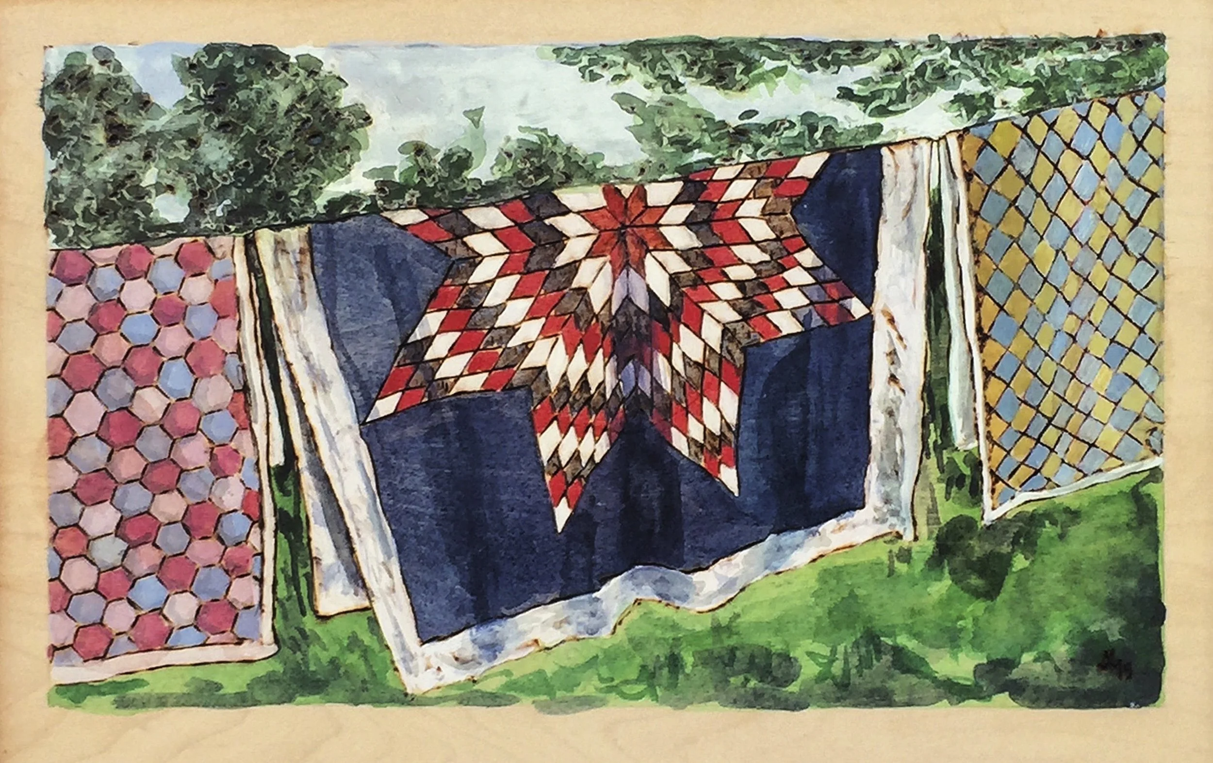 Quilted. 
Watercolor and woodburning of Lancaster County. Handmade walnut frame by Evan H. Germann. 15" x 11" 

Original: Sold I Prints: Available