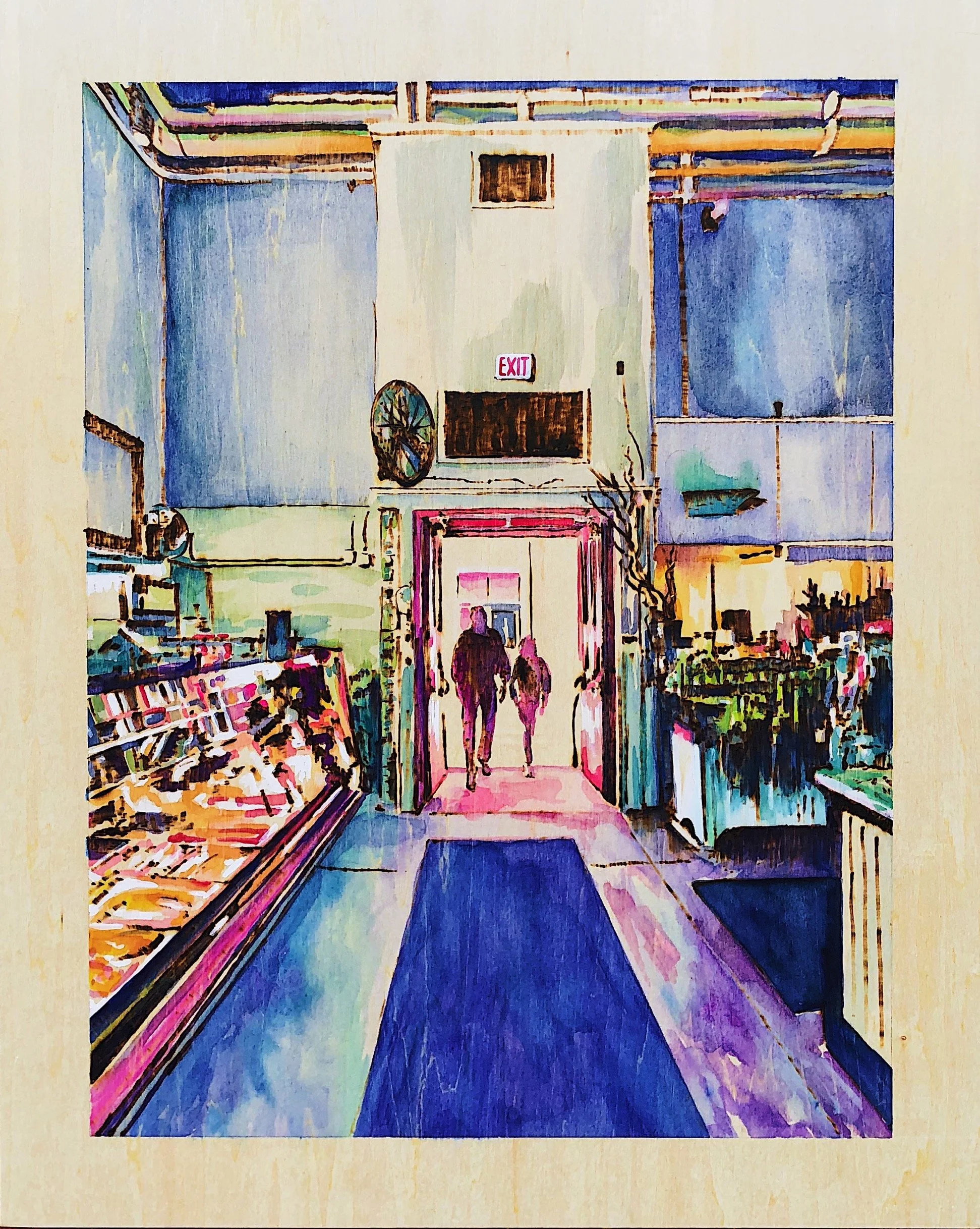 Mr. Bill's Seafood. Central Market. Woodburning and gouache. 20" x 24" framed. Handmade walnut frame by Evan H. Germann. 

Original:$1600 I Prints: Available