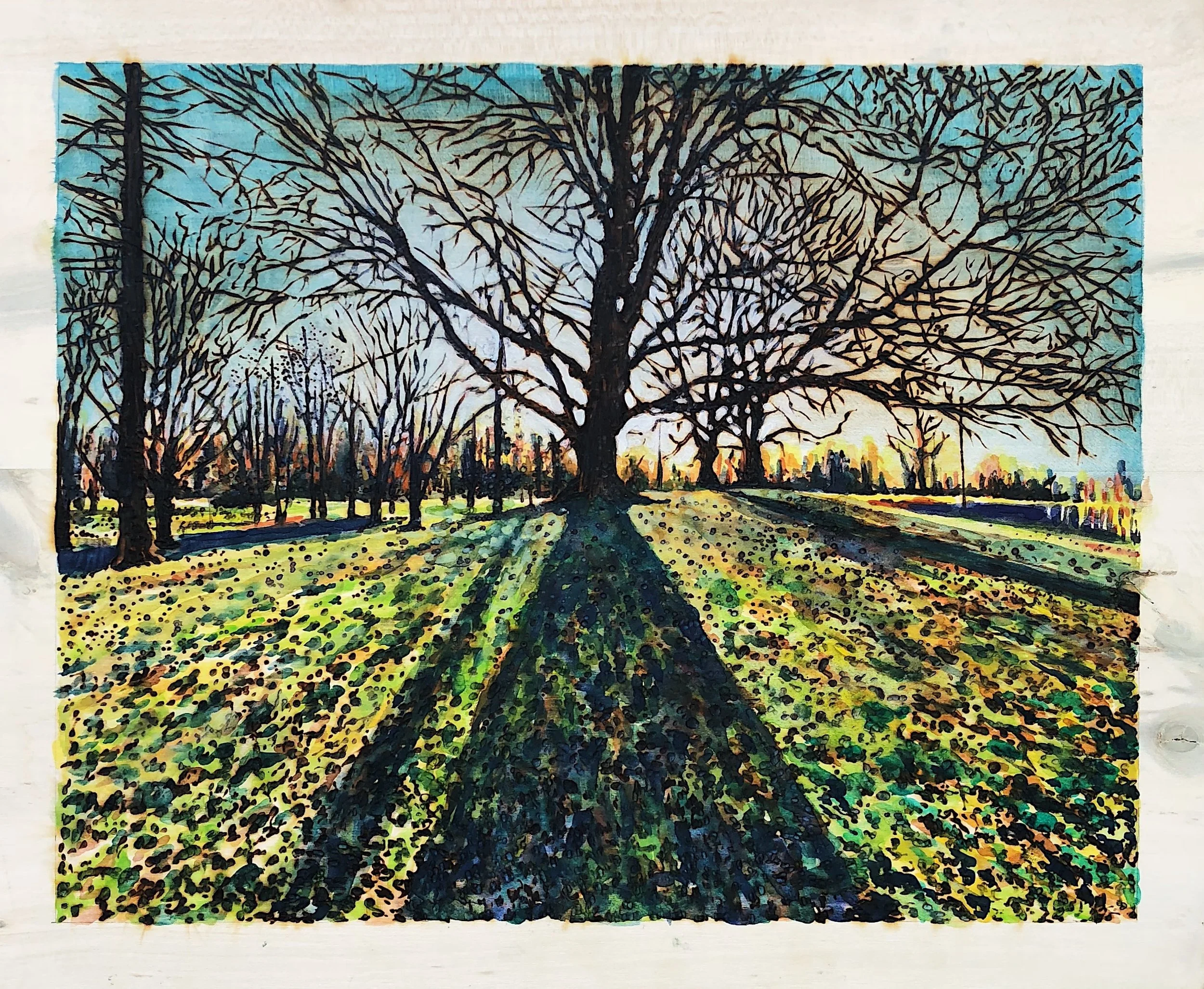 Buchanan Park. Woodburning and gouache. 20" x 17.5" framed. Handmade walnut frame by Evan H. Germann. 

Original: Sold I Prints: Available