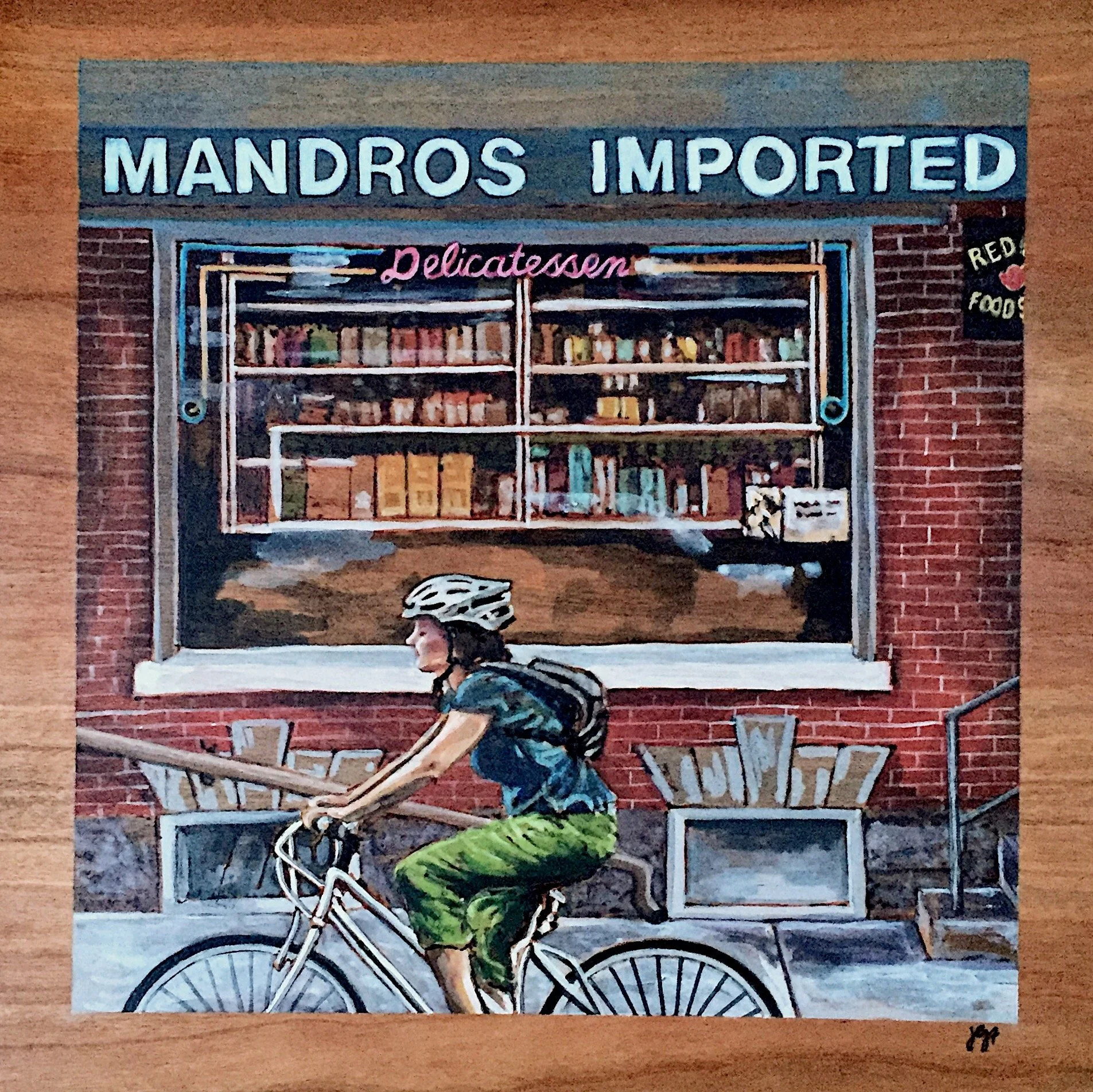 Mandros. Downtown Lancaster. Woodburning and watercolor. 15" x 15" framed. Handmade walnut frame by Evan H. Germann. Inspired from work by Michelle Johnsen. Original: Sold I Prints: Available