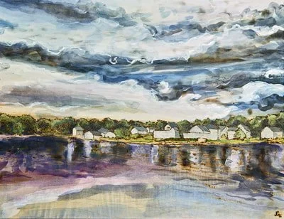 A View from the Water. Watercolor and woodburning of Boothbay, Maine. Handmade walnut frame by Evan H. Germann. 19.25" x 24" 

Original: Sold I Prints: Not Available