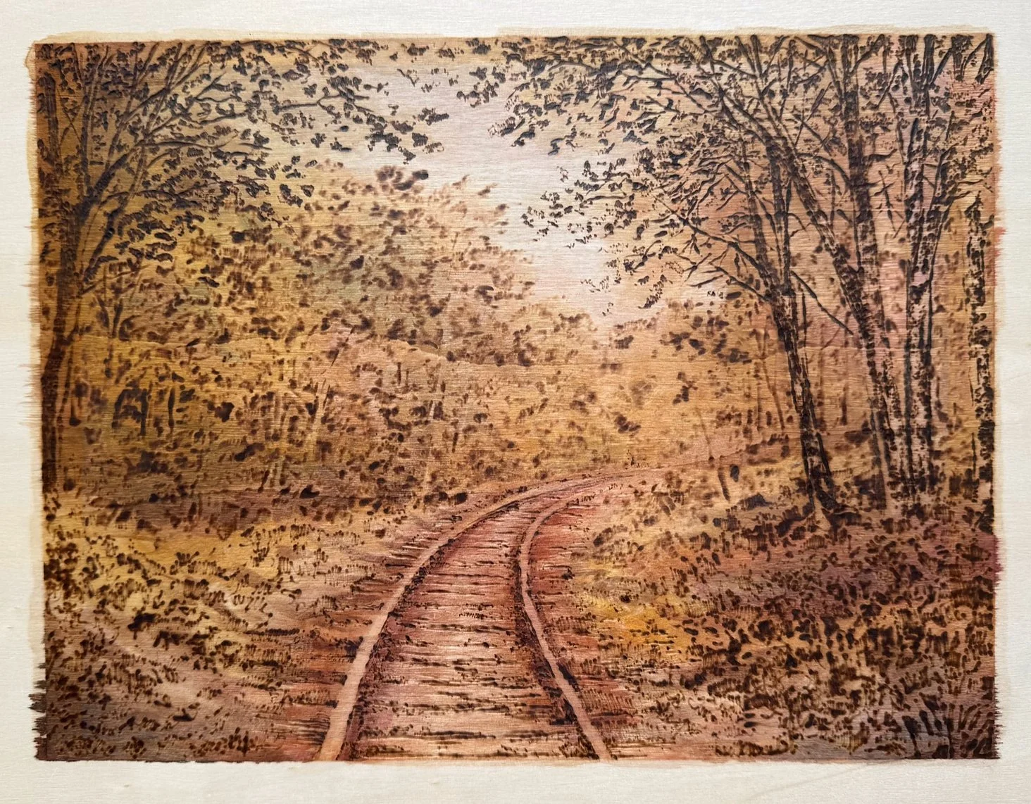 Following. 
18”x15” 
Woodburning and gouache.
Handmade walnut frame by Evan H. Germann.

Original: $1200 I Prints: available