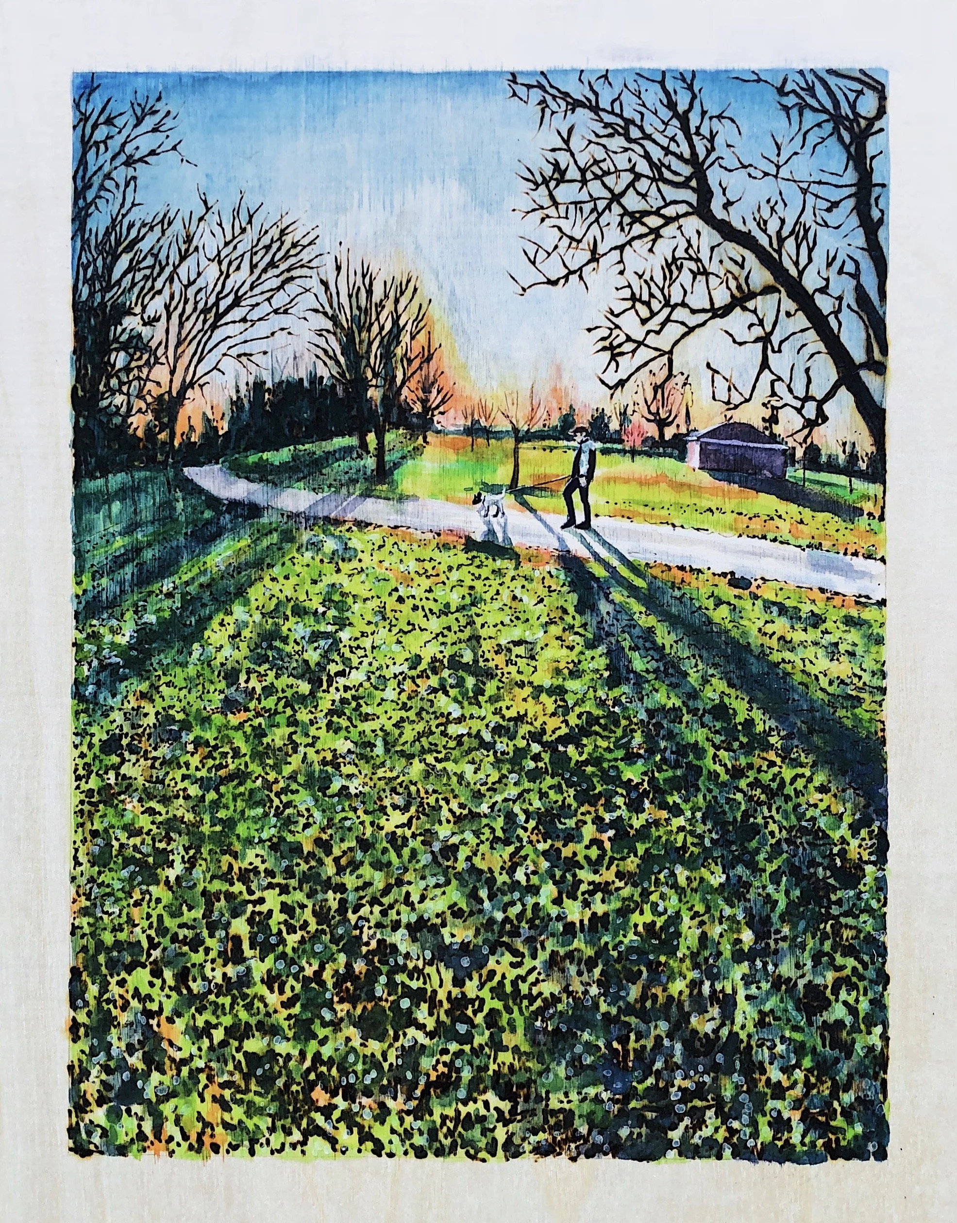 Buchanan Park. Woodburning and gouache. 15" x 18" framed. Handmade walnut frame by Evan H. Germann. 
Original: Sold I Prints: Available