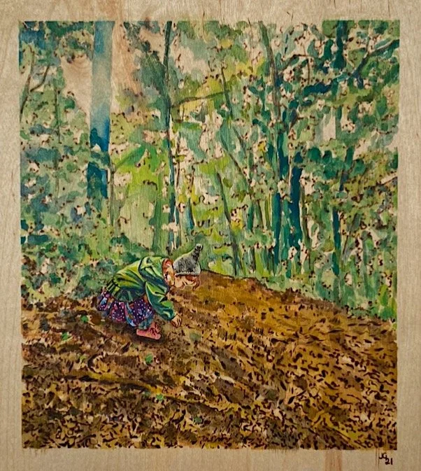 County Park. Woodburning and gouache. 17.75" x 19.25" framed. Handmade walnut frame by Evan H. Germann. Original: Private Collection I Prints: Available