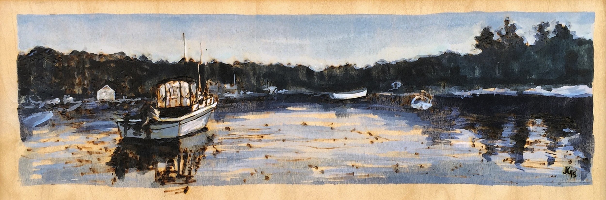 Muscongus Bay. Watercolor and woodburning of Maine. Handmade walnut frame by Evan H. Germann. 17.75" x 8.75" 

Original: Sold I Prints: Not Available