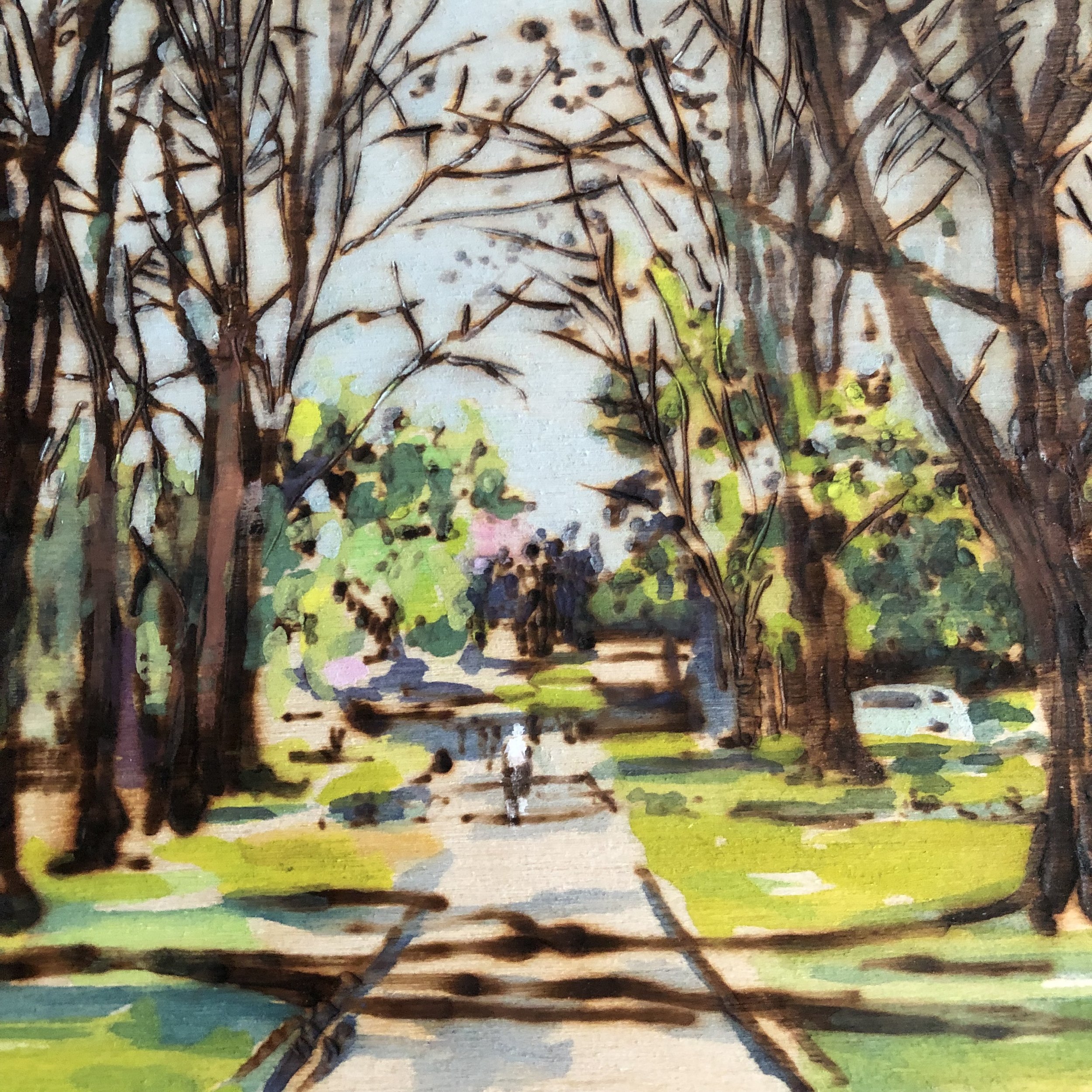 Buchanan Park. Woodburning and gouache. 8" x 8" framed. Handmade walnut frame by Evan H. Germann. Original: Sold I Prints: Not Available