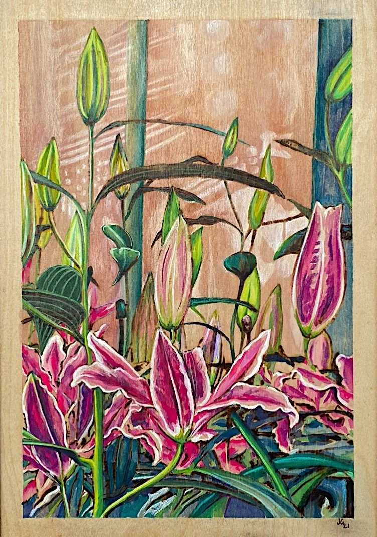 Stargazers. Longwood Gardens. Woodburning and gouache. 17.5" x 23" framed. Handmade walnut frame by Evan H. Germann. Original: Sold I Prints: Available
