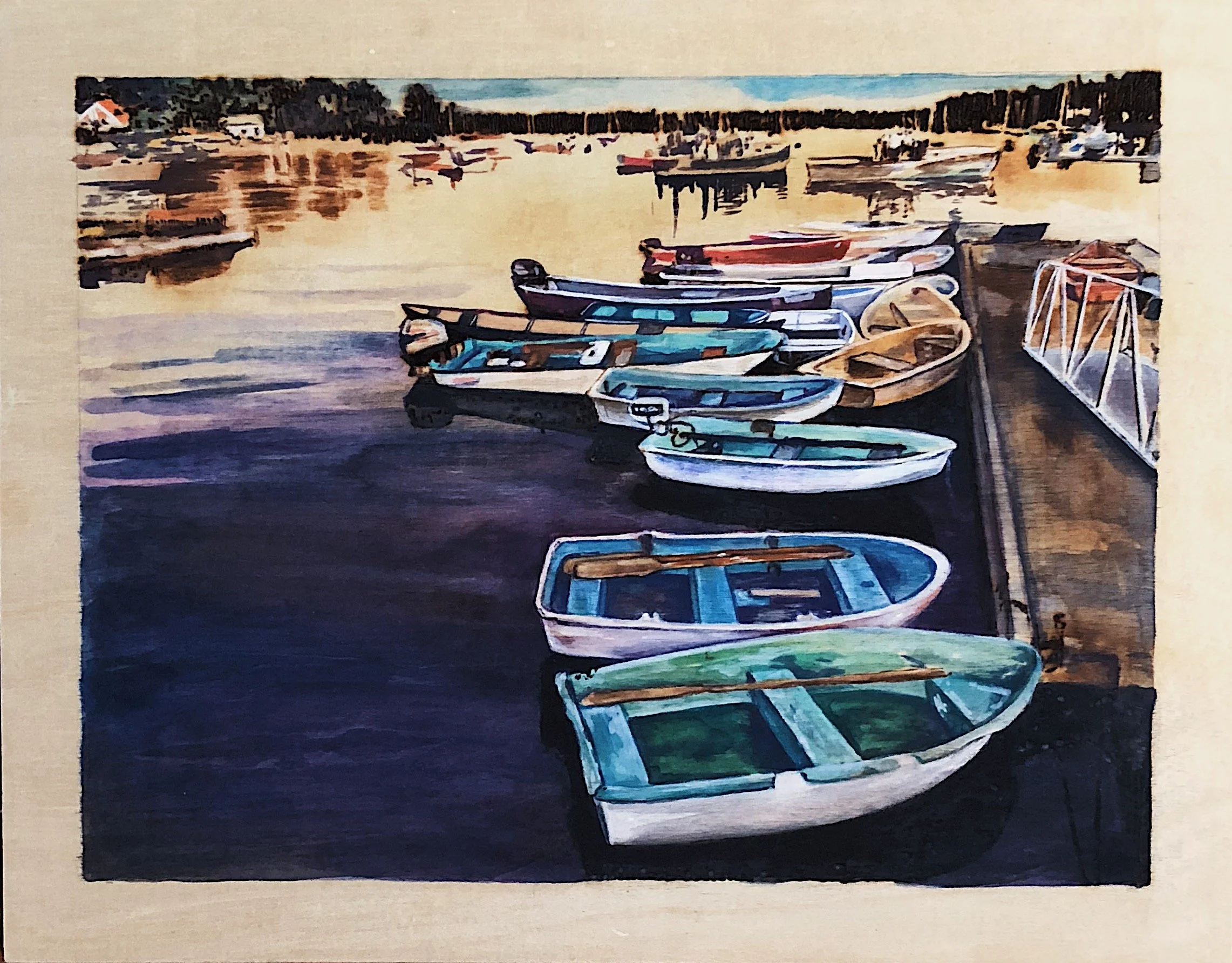 Muscongus Bay. Woodburning and watercolor. 18" x 15" framed. Handmade walnut frame by Evan H. Germann.

Original: $1100 I Prints: Available