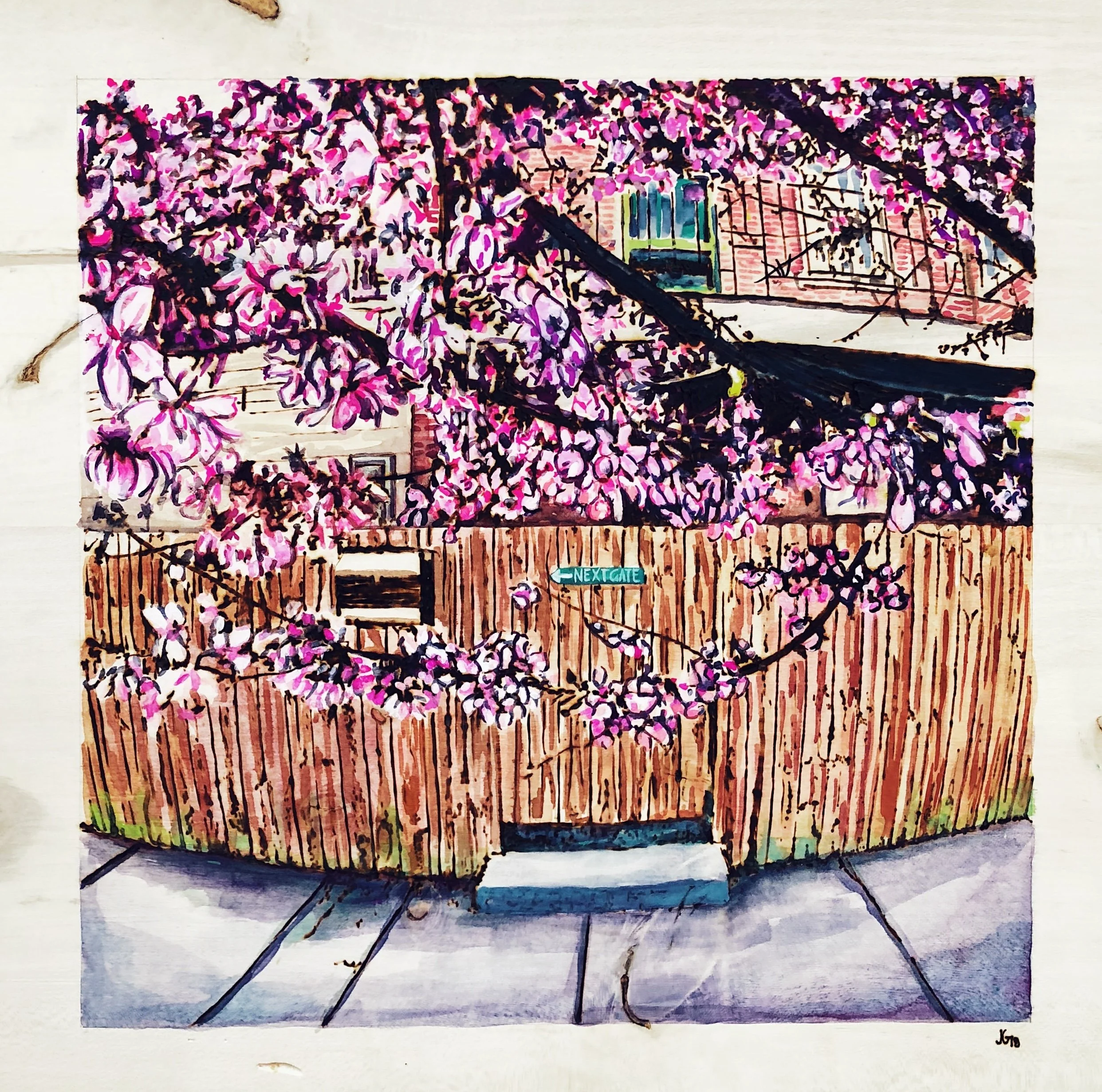 Next Gate. Woodburning and gouache. 17" x 17.25" framed. Handmade walnut frame by Evan H. Germann. Original: $1000 I Prints: Available