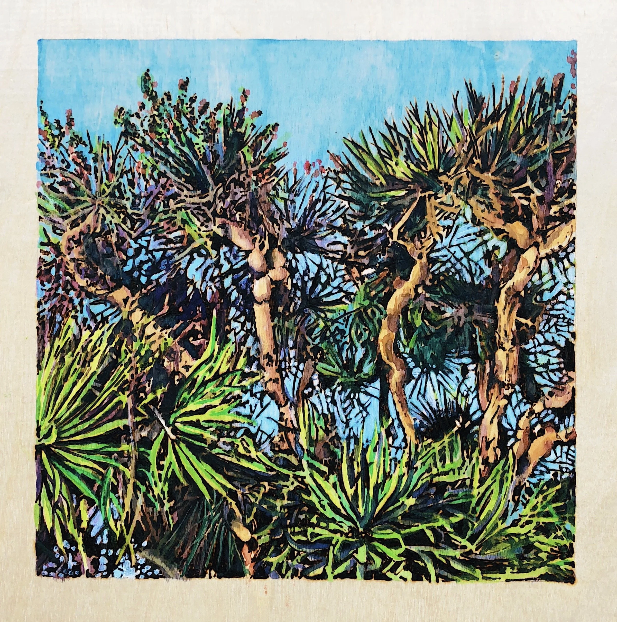 California Foliage. Woodburning and gouache. 16" x 16" framed. Handmade walnut frame by Evan H. Germann. 

Original: $800 I Prints: Available