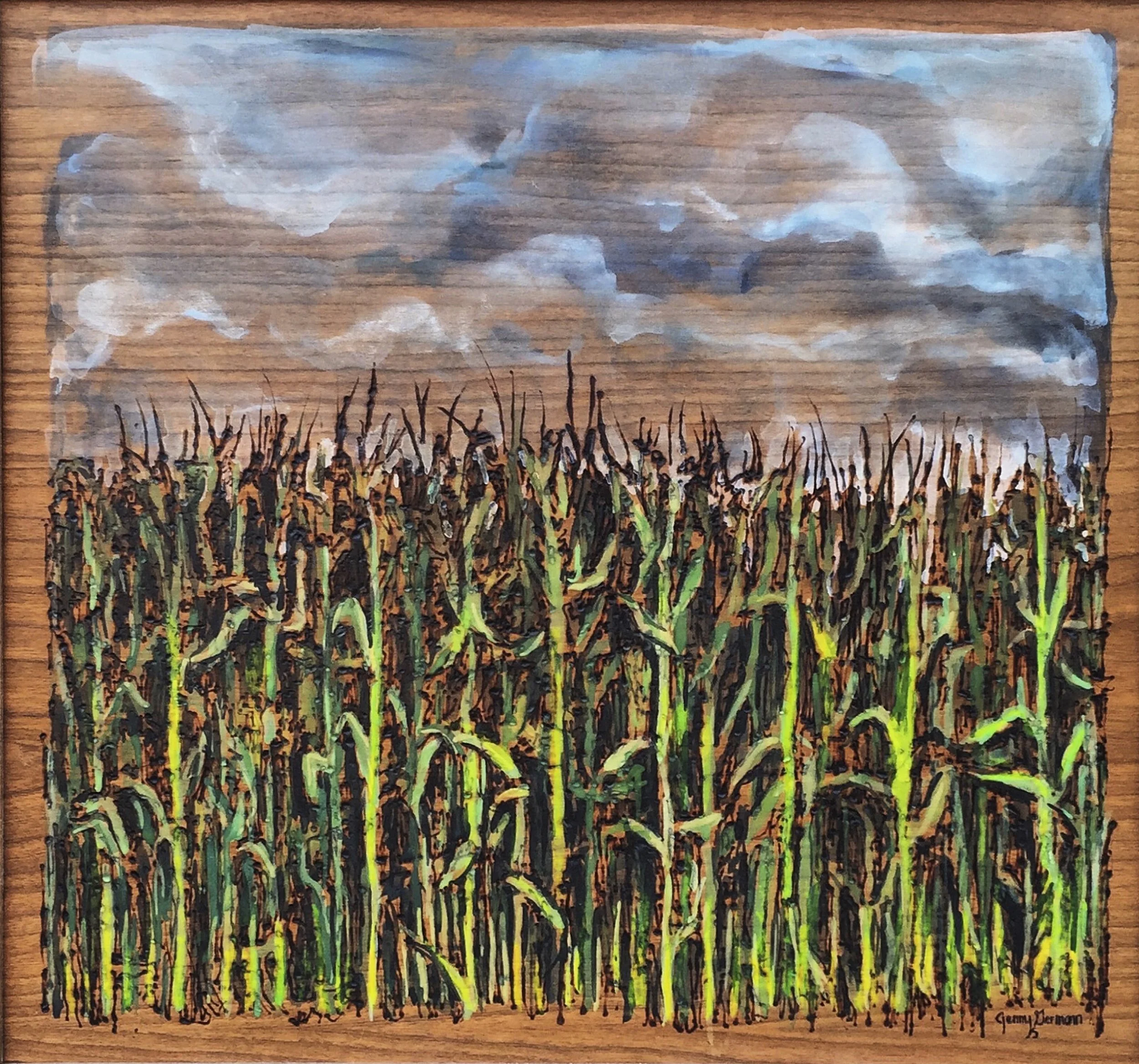 Stalking. 
Watercolor and woodburning of Lancaster County. Handmade walnut frame by Evan H. Germann. 21.75" x 20.5" 

Original: Sold I Prints: Not Available