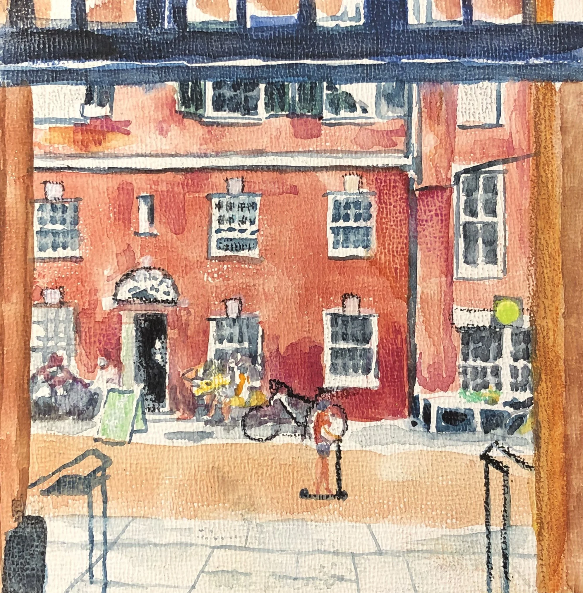 Market. Woodburning and gouache. 4" x 4" framed. Handmade walnut frame by Evan H. Germann. 

Original: Sold I Prints: Available