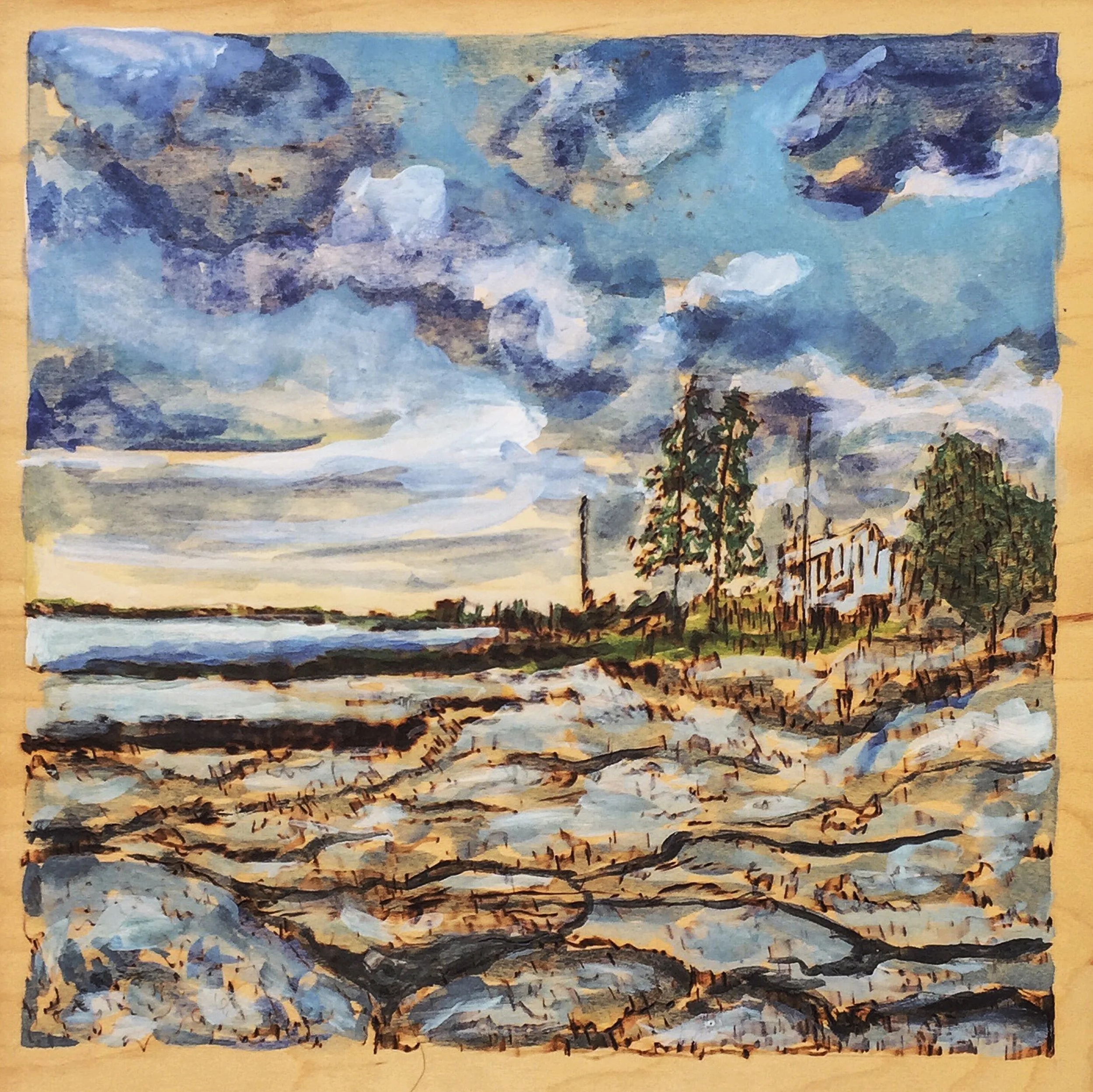 Ocean Point. Boothbay Harbor, ME. Watercolor and woodburning.
Handmade walnut frame by Evan H. Germann. 
15.5" x 15.5" 

Original: Sold I Prints: Not Available