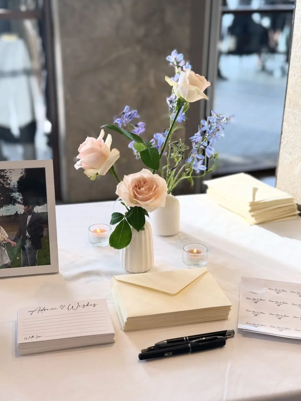 Wedding advice and wishes station styled to create cohesive guest flow