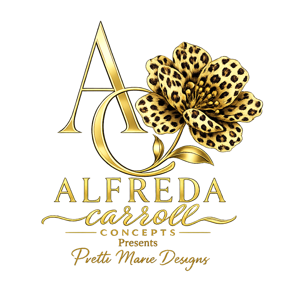 Design logo with gold-colored letter 'A' and 'C' intertwined, decorated with a leopard print flower, and text reading 'Alfreda Carroll Concepts Presents Pretty Mane Designs'.