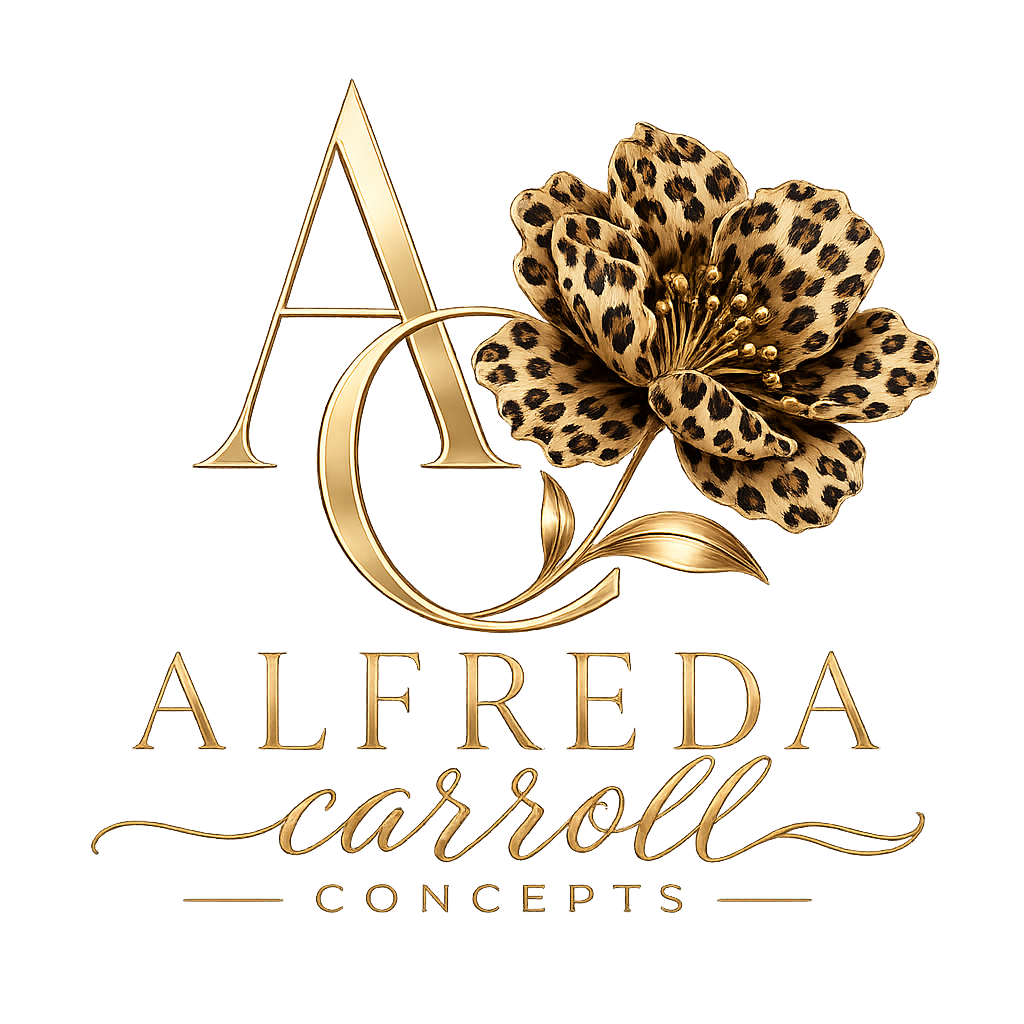 Gold logo with the words Alered a Caroll Concepts, a large gold letter A, and a leopard print flower.