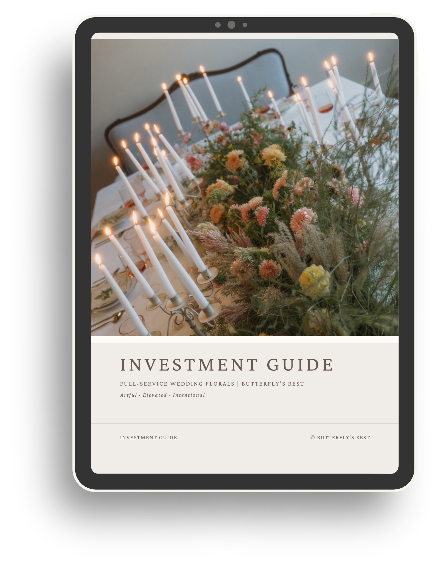 Mockup of the Butterfly's Rest wedding floral investment guide displayed on an iPad.